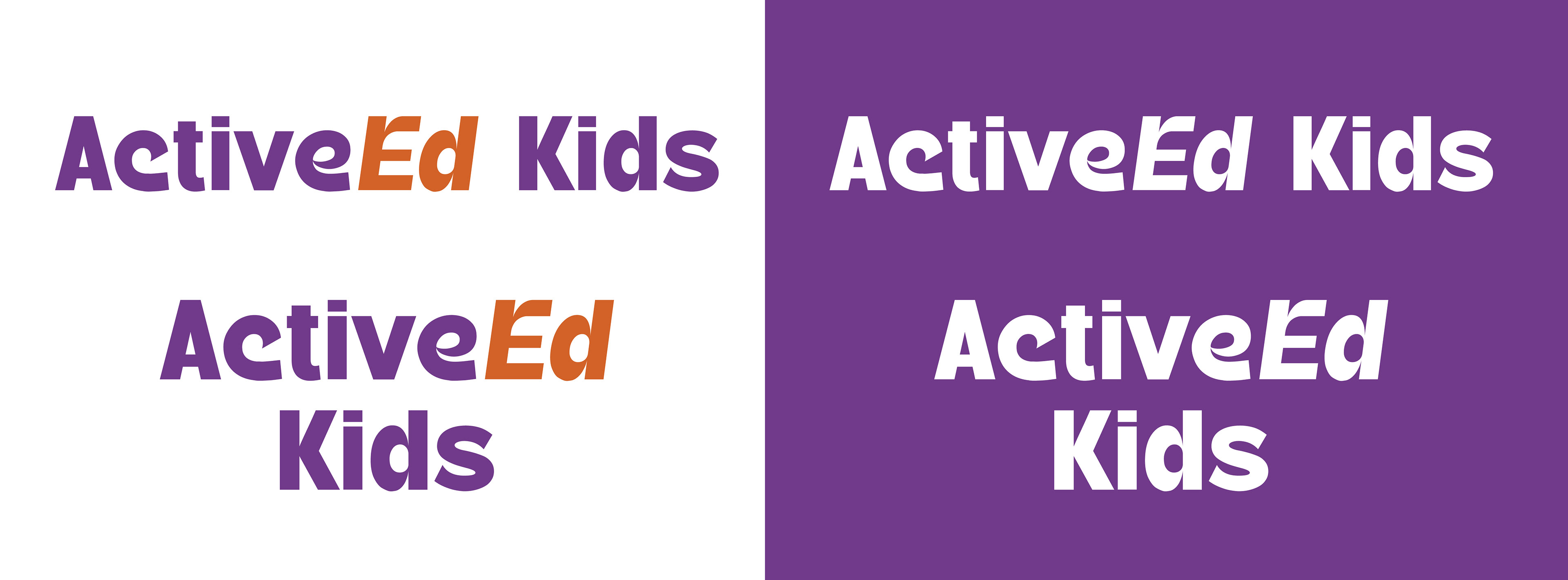 ActiveEd Kids Logo design both horizontal and vertical and both in color and in white on a dark background