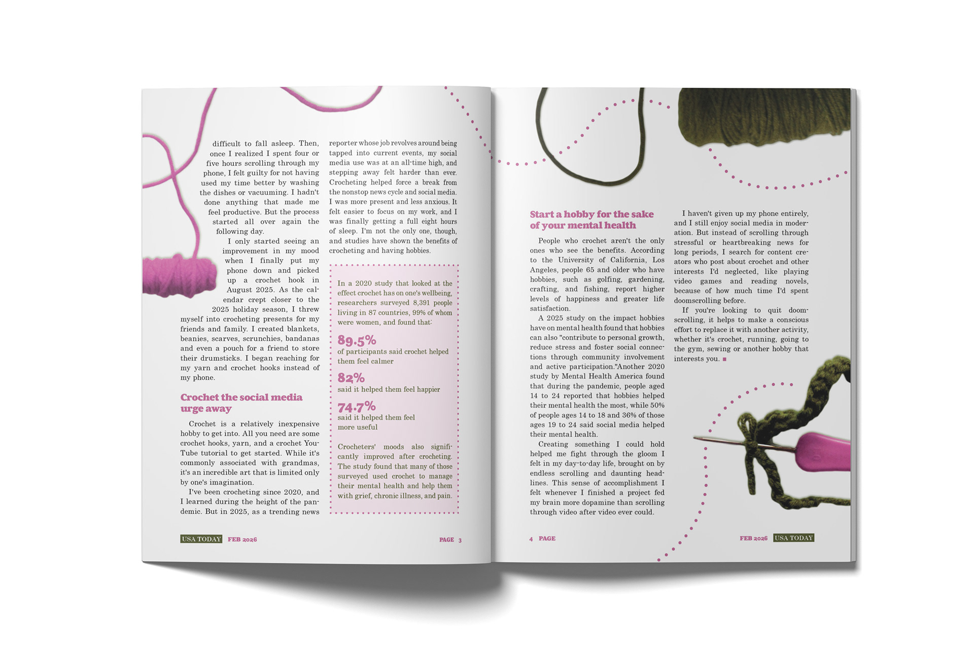 Second spread for magazine spread layout featuring article about crocheting