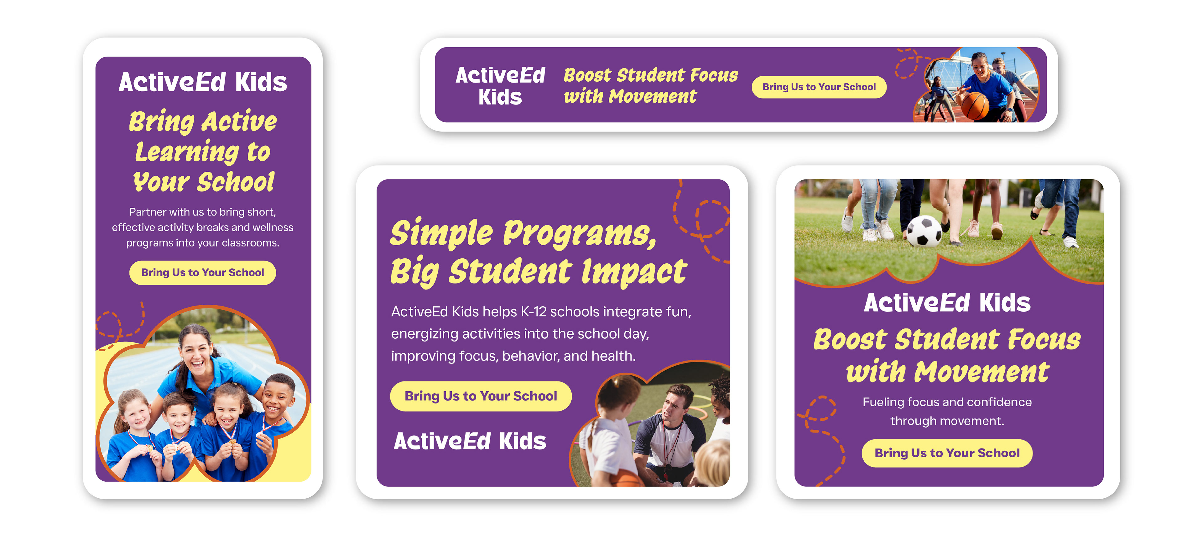 Several Google Display Ads for ActiveEd Kids with varied headlines, body copy, and images