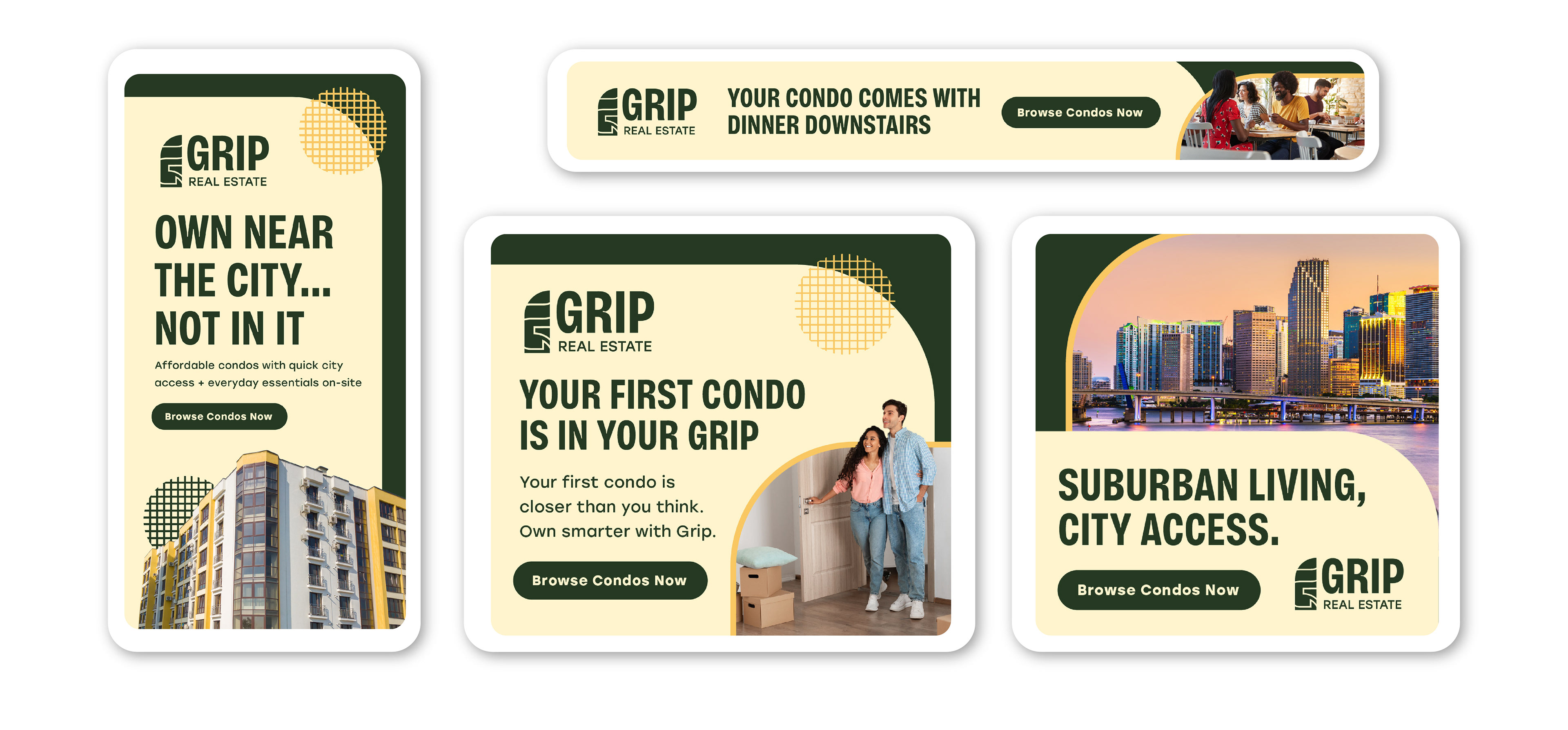 Display ads for Grip Real Estate, showing branding in digital format in multiple layouts