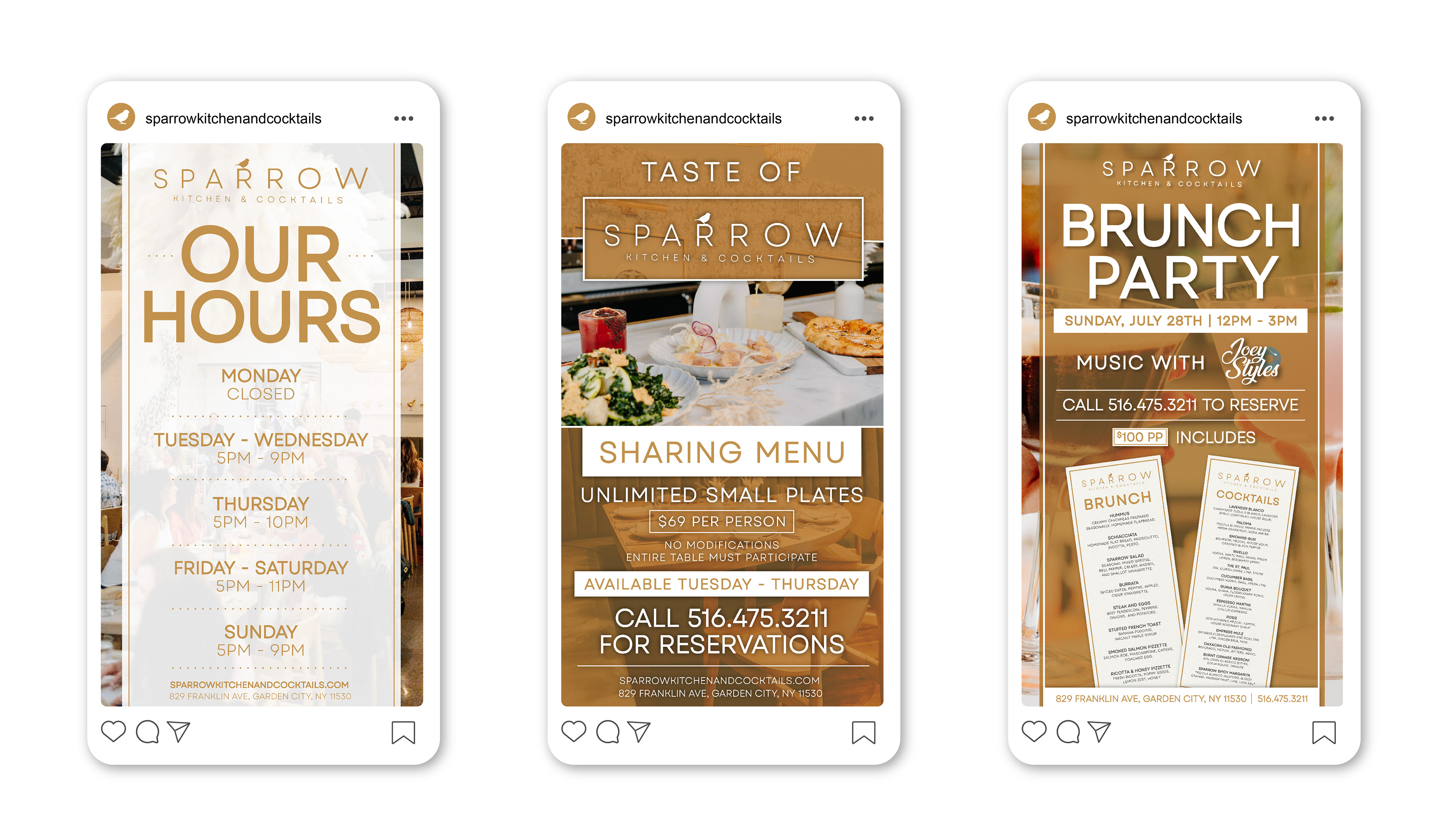 Instagram Story graphics showing Sparrow Kitchen & Cocktails weekly hours of operation on gold overlay with restaurant background and Taste of Sparrow Sharing Menu