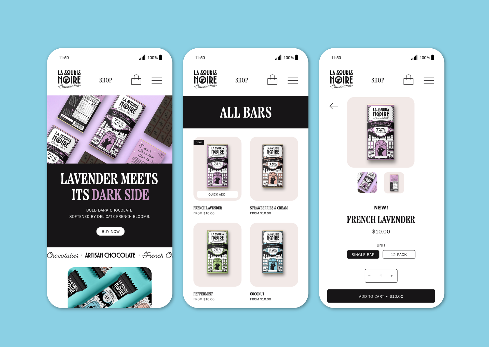 Responsive mobile e-commerce website mockup design for artisan chocolate brand – homepage, product catalog, and product detail screen