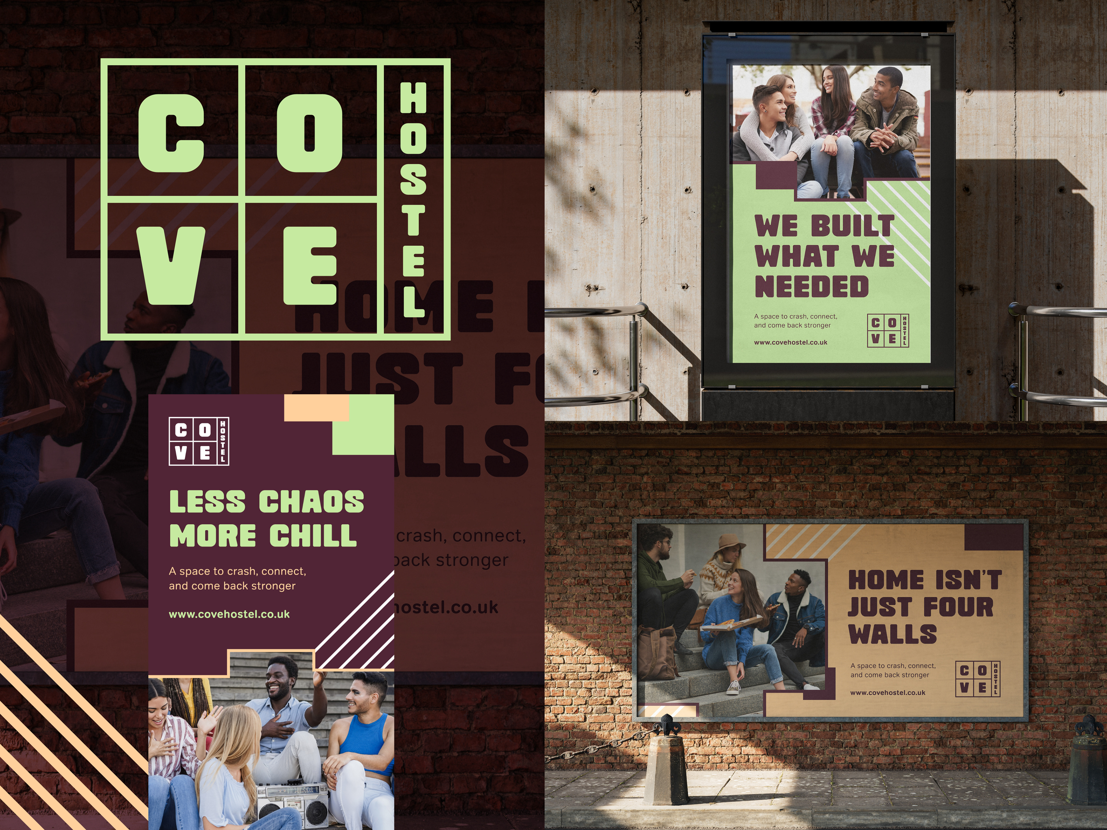 Cove Hostel logo design and physical advertising design mockups