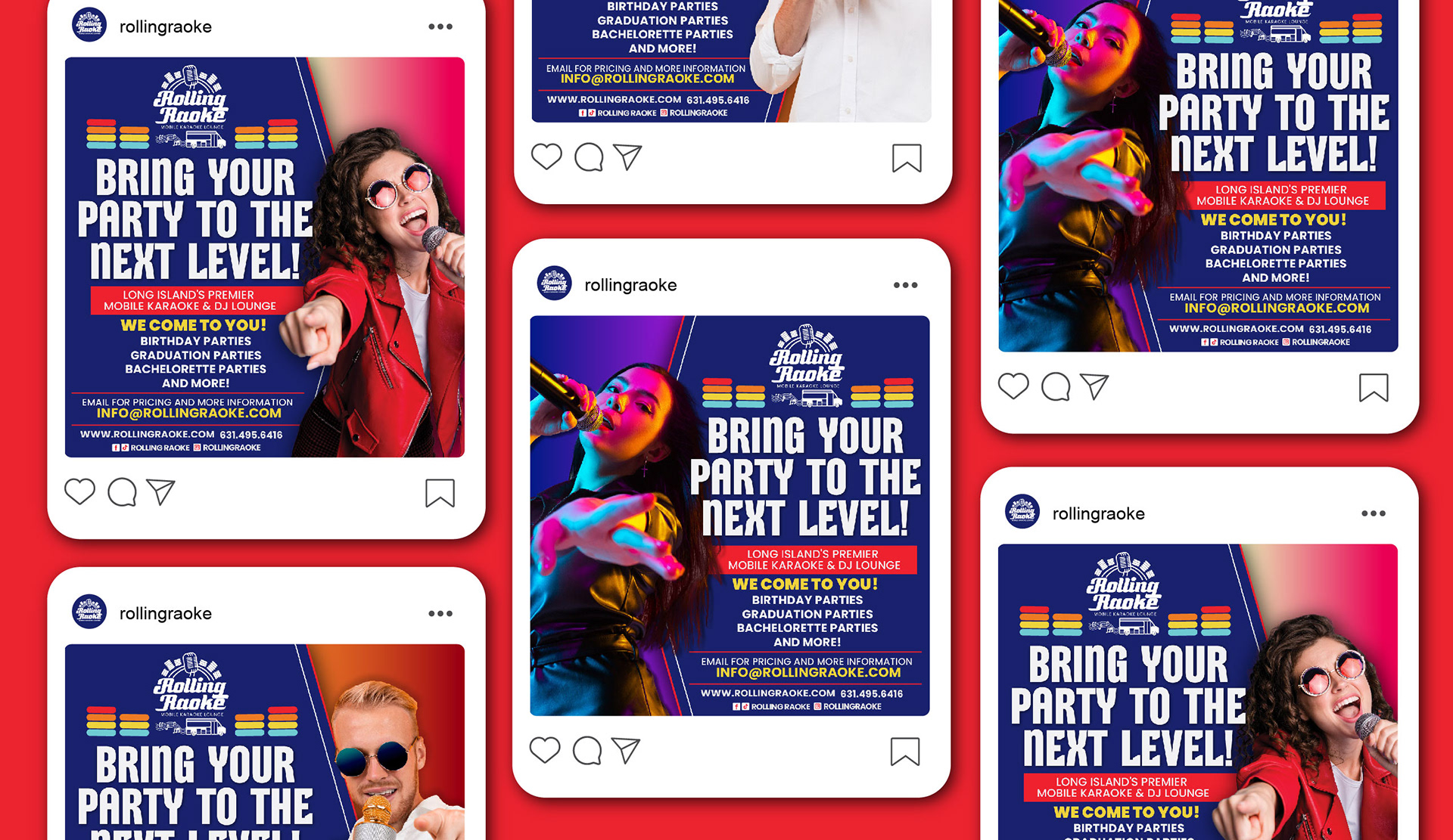 Mockups of Various Social Media Advertisments for Booking Your Party with Rolling Raoke