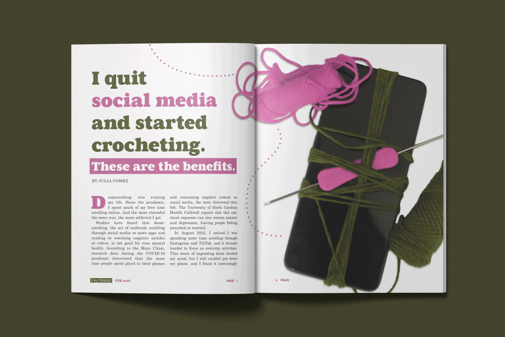 Animation of Magazine spread layout for an article about crocheting