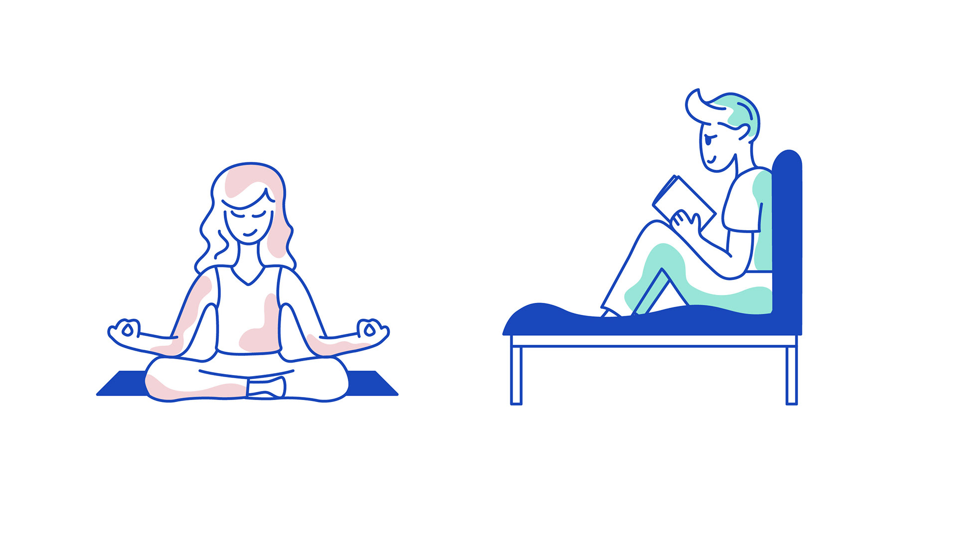 Minimalist line illustration of a woman meditating on a yoga mat and a man relaxing while reading on a bed, created for Leisurful app branding