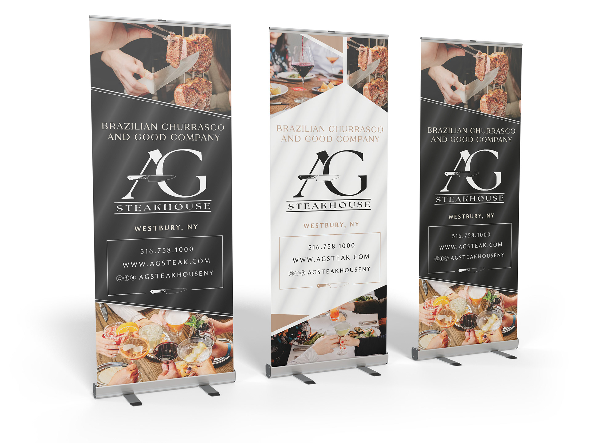 Mockup of Three Pull Up Banners with Two Variations for AG Steakhouse