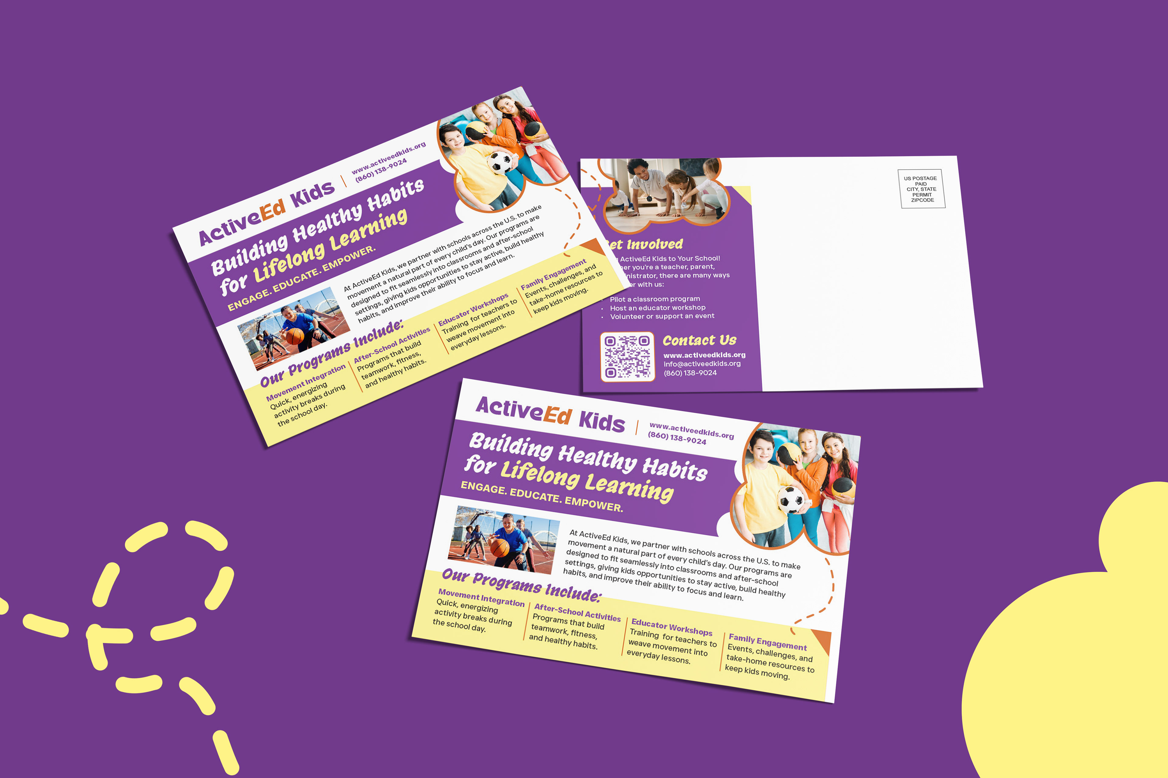 Mailer design for Active Ed Kids to be mailed out to parents and educators, mockup depicting front and back