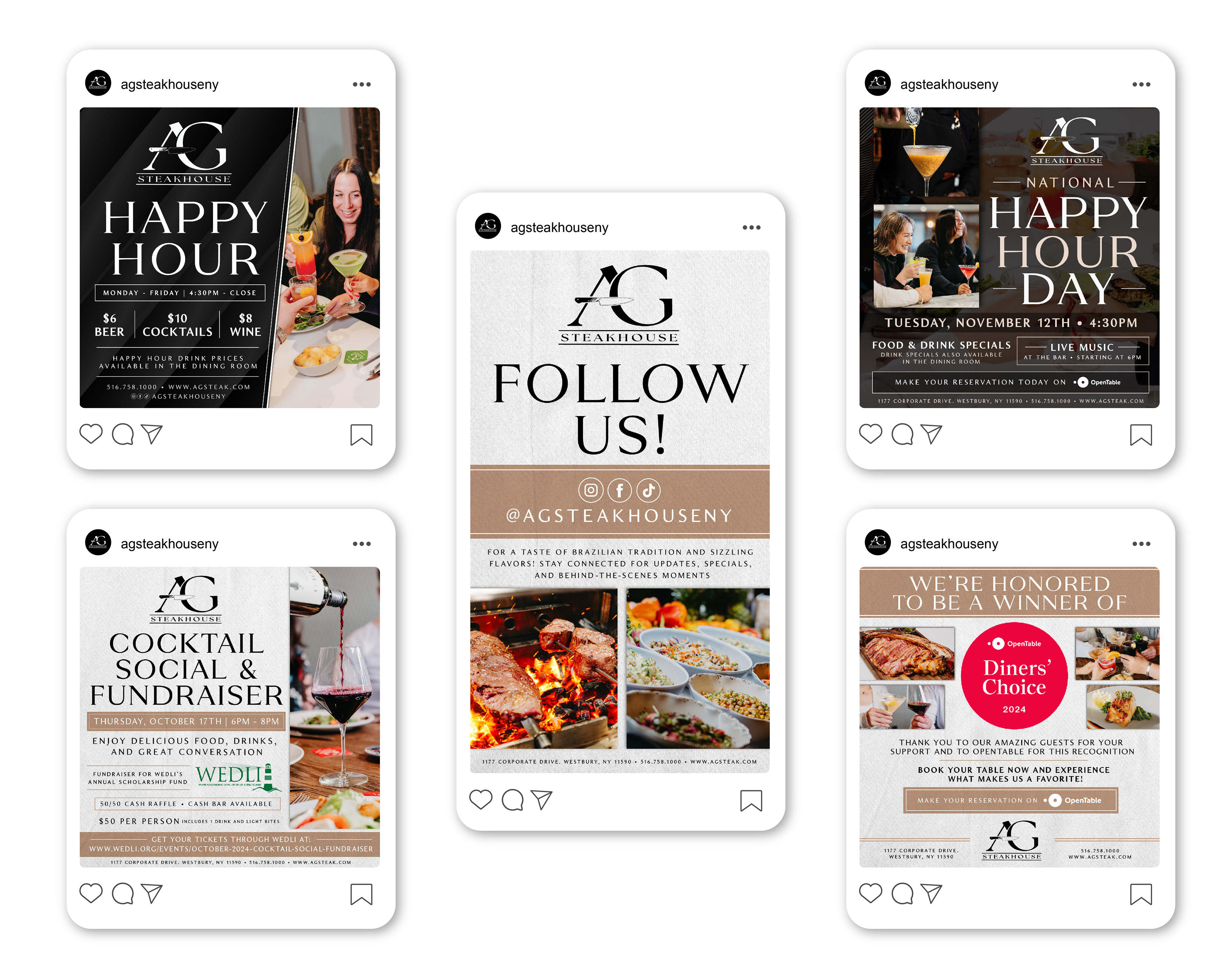 Mockups Of Various Social Media Advertisements including Happy Hour, National Happy Hour Day, Opentable Diners' Choice, Cocktail Social and Fundraiser and Generic Follow Us Posts
