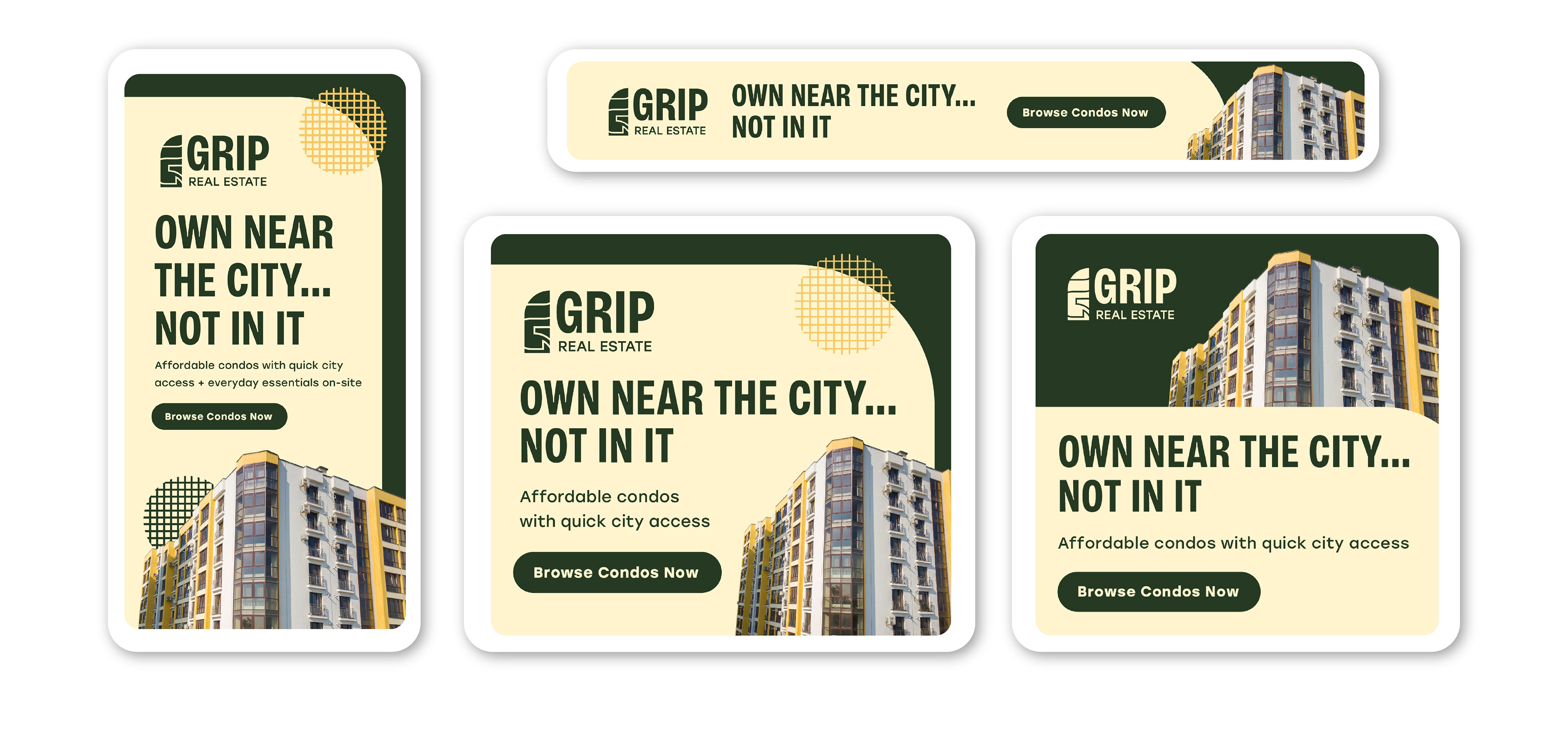Display ads for Grip Real Estate, showing branding in digital format in mutltiple layouts