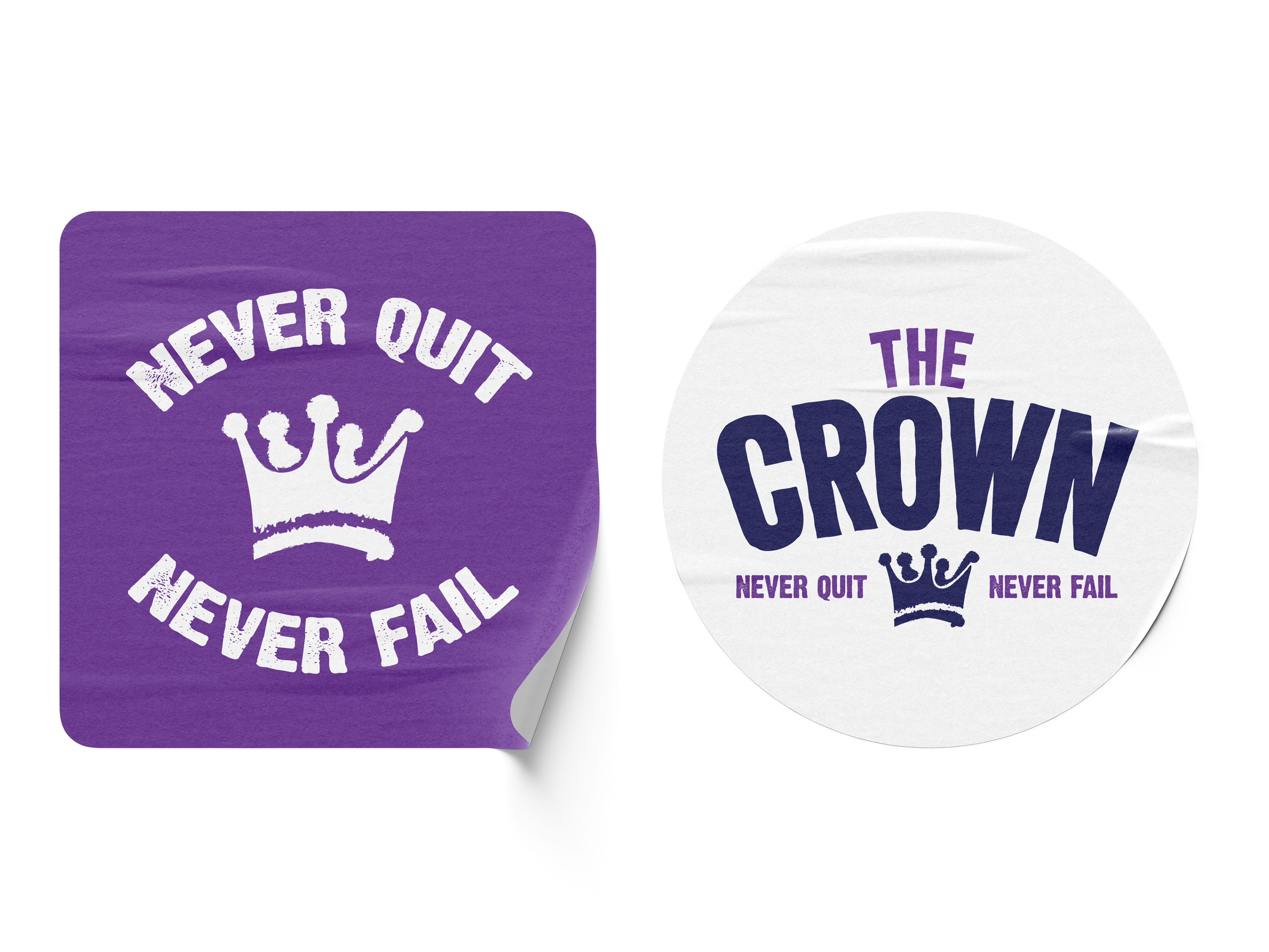 Mockup of Two Different Stickers with the Logo and Logomark for The Crown