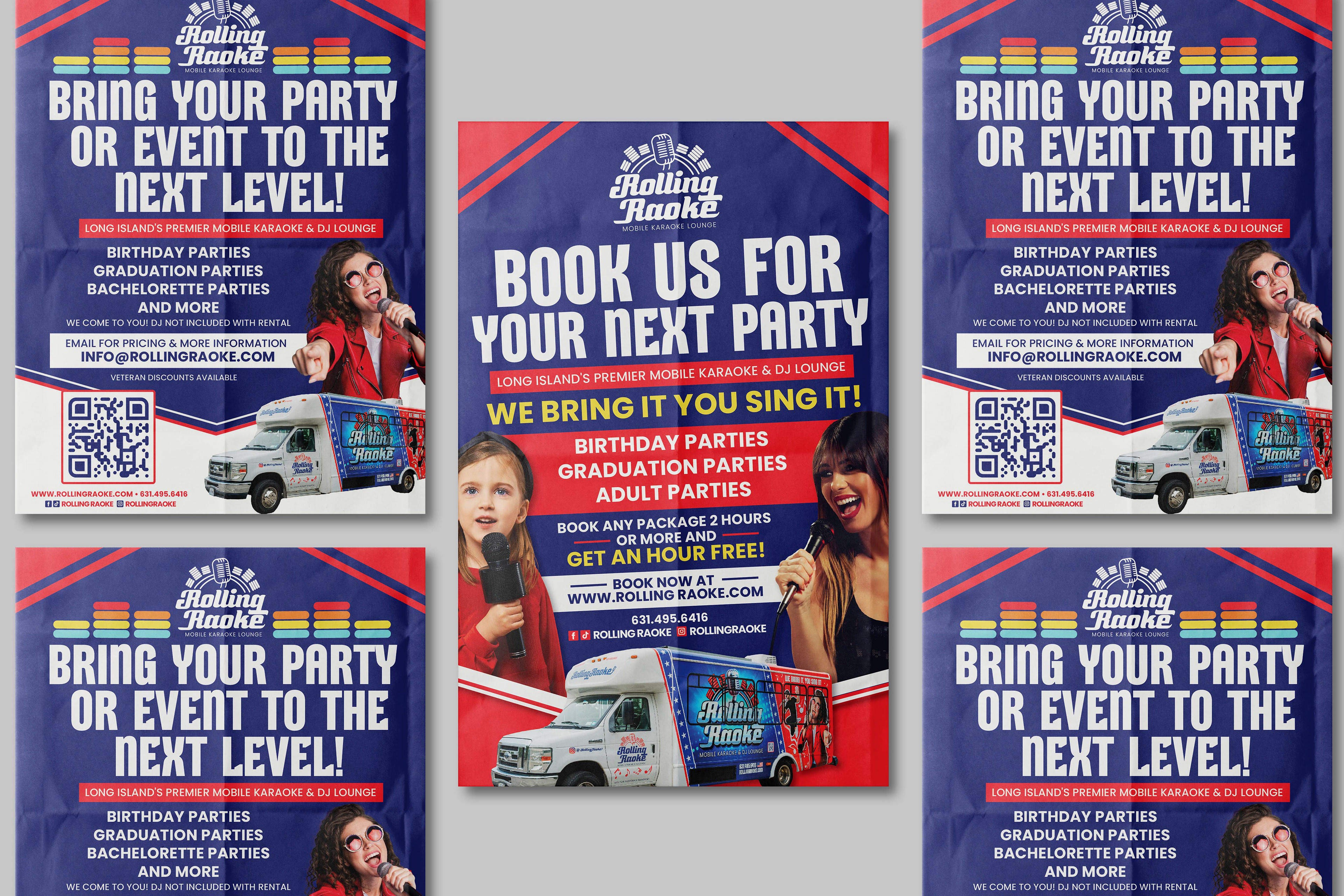 Mockups of Various Print Advertising for Booking your party at Rolling Raoke