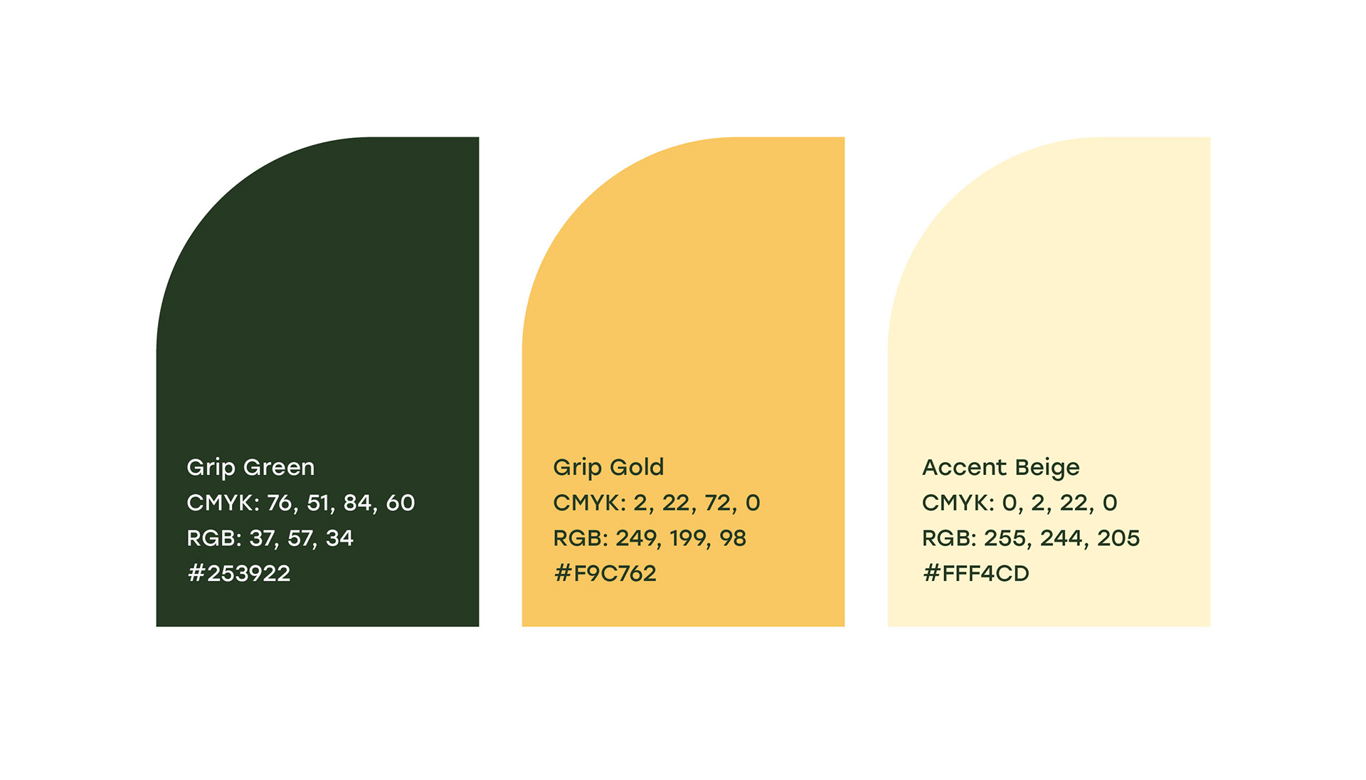 Green, gold, and beige color palette used for Grip Real Estate to establish a flexible visual identity