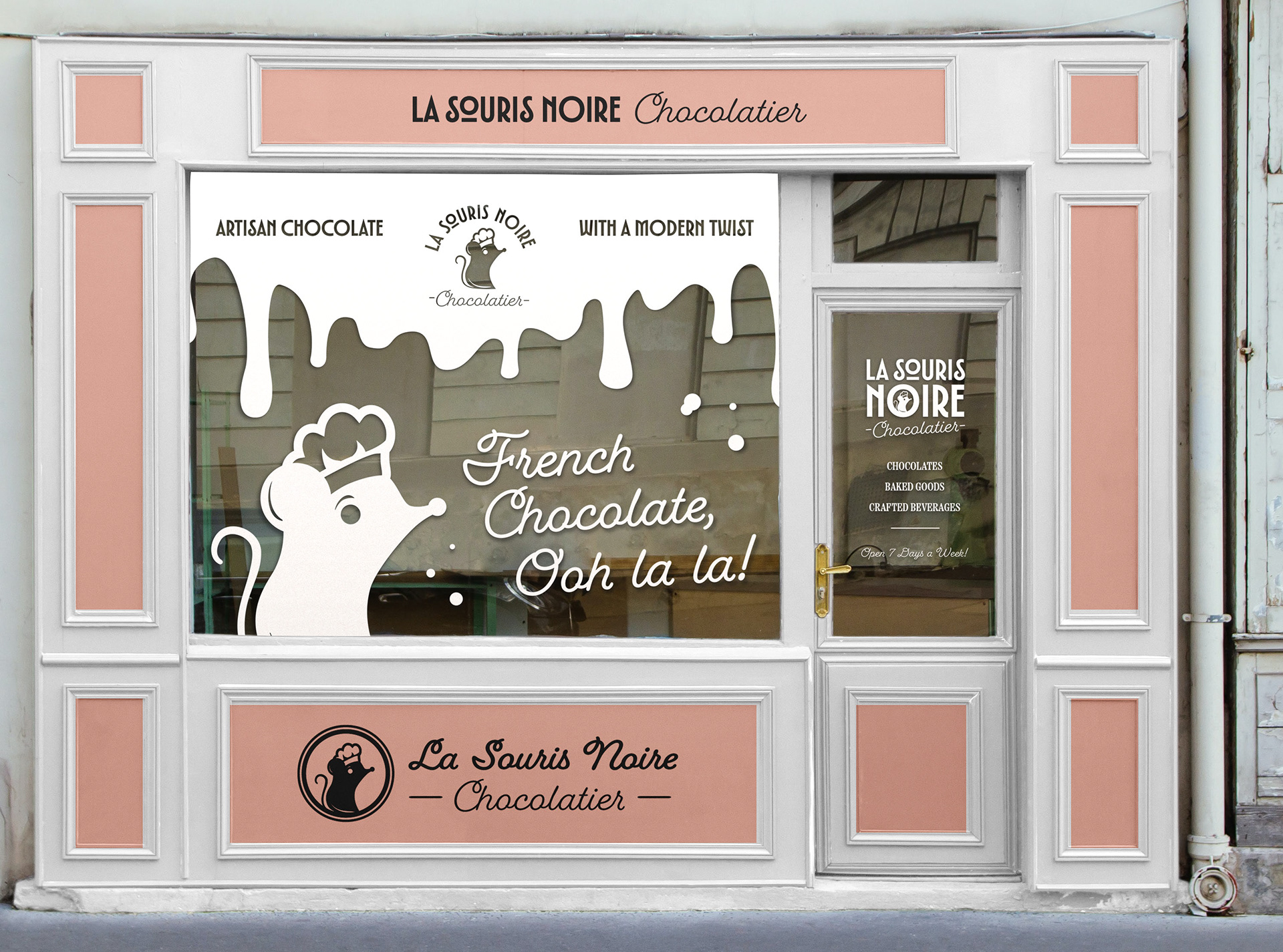 Mockup of Storefront with window decals and various logo designs