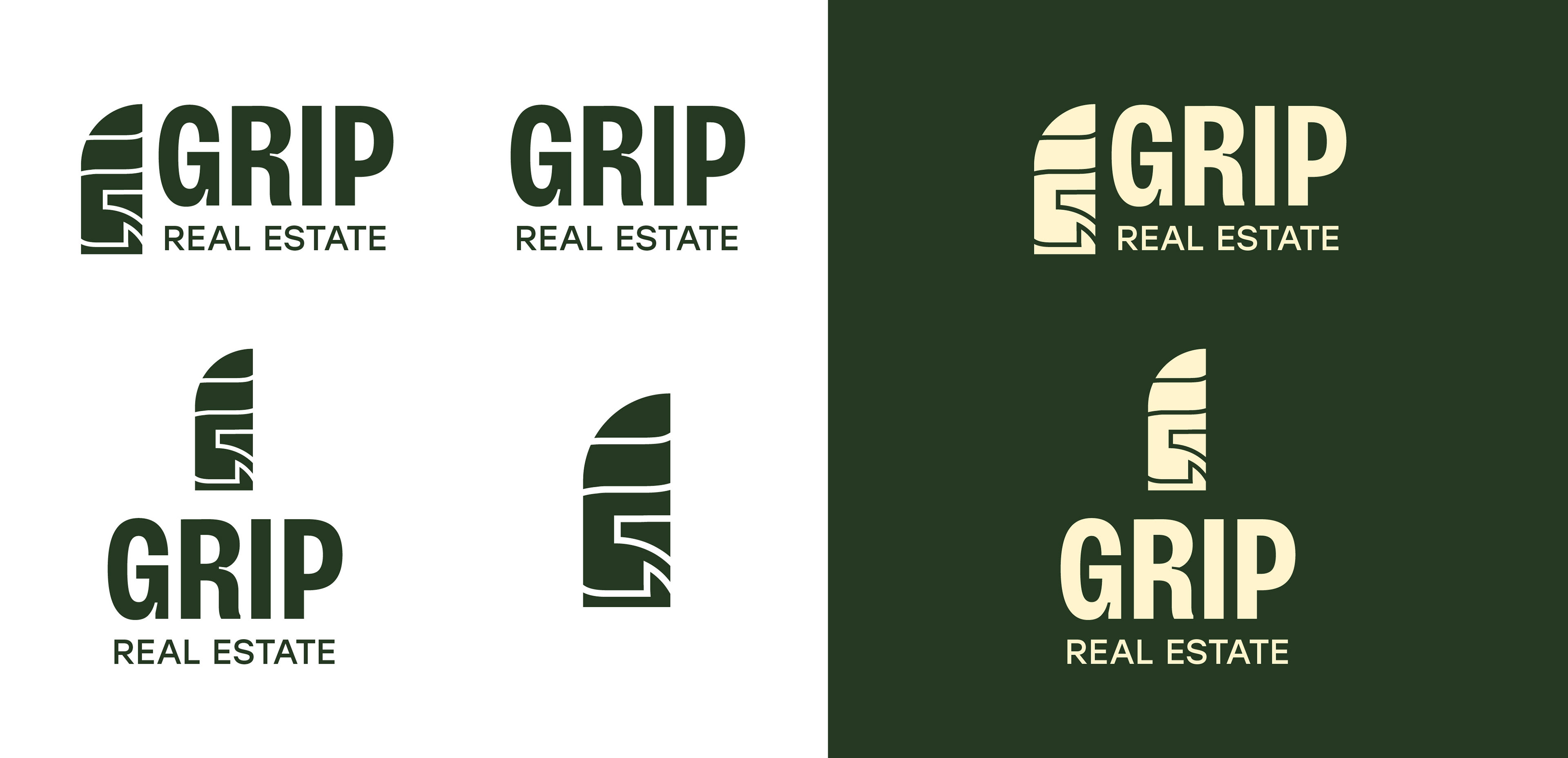 Logo variations for Grip Real Estate depicting scalability of design system