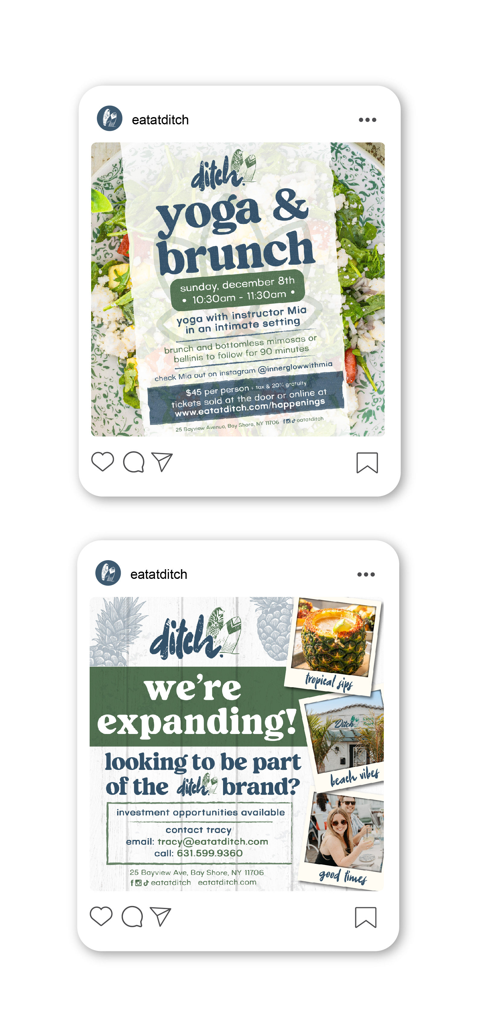 Instagram posts for yoga brunch and investors depicting ditch branding and elements used while maintaining variety