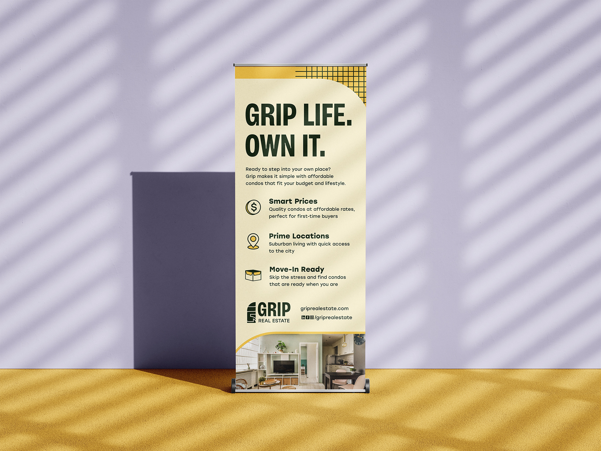 Vertical banner depicting on-brand icons and elements in use for signage design