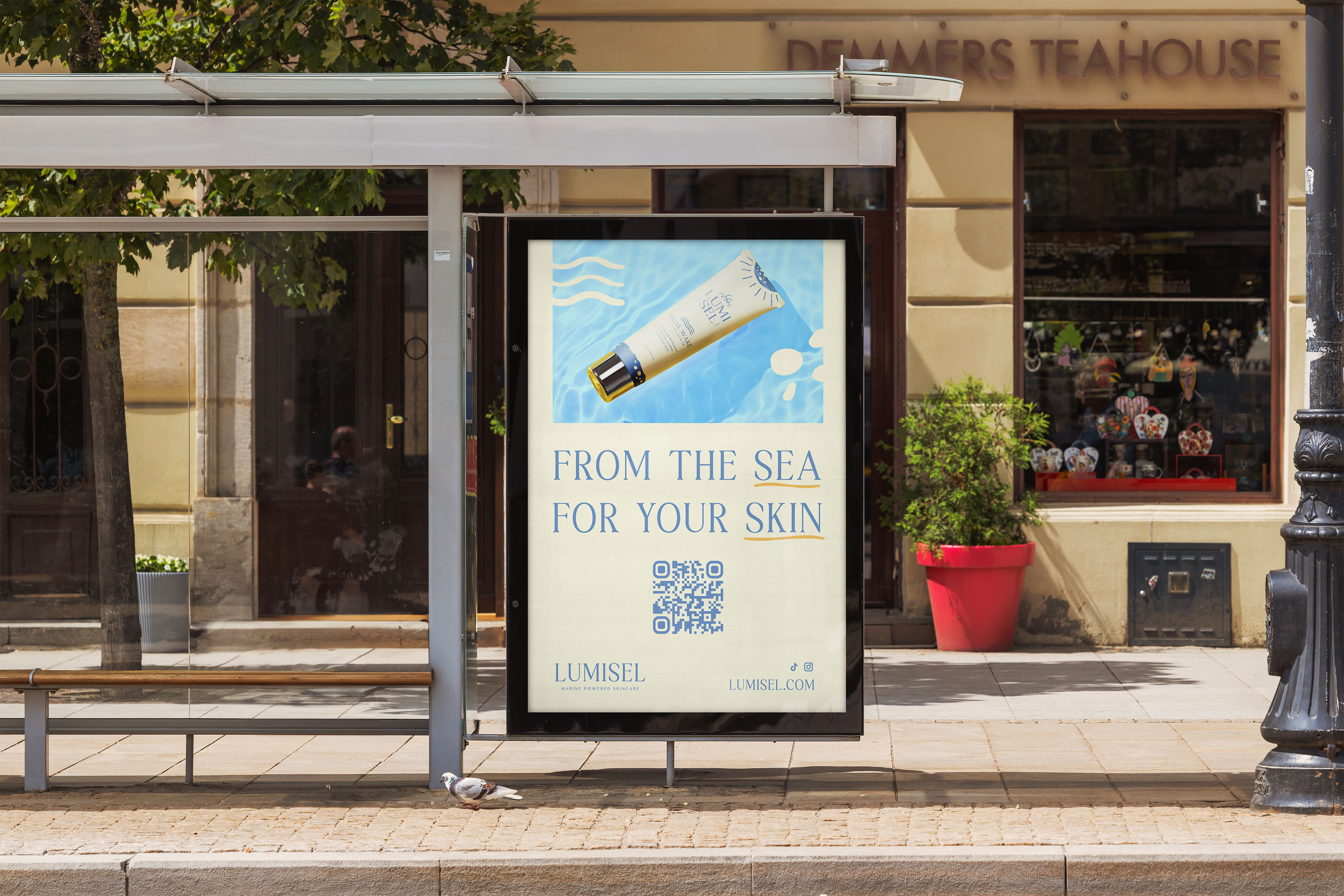 Bus Shelter ad in the city in front of a teahouse