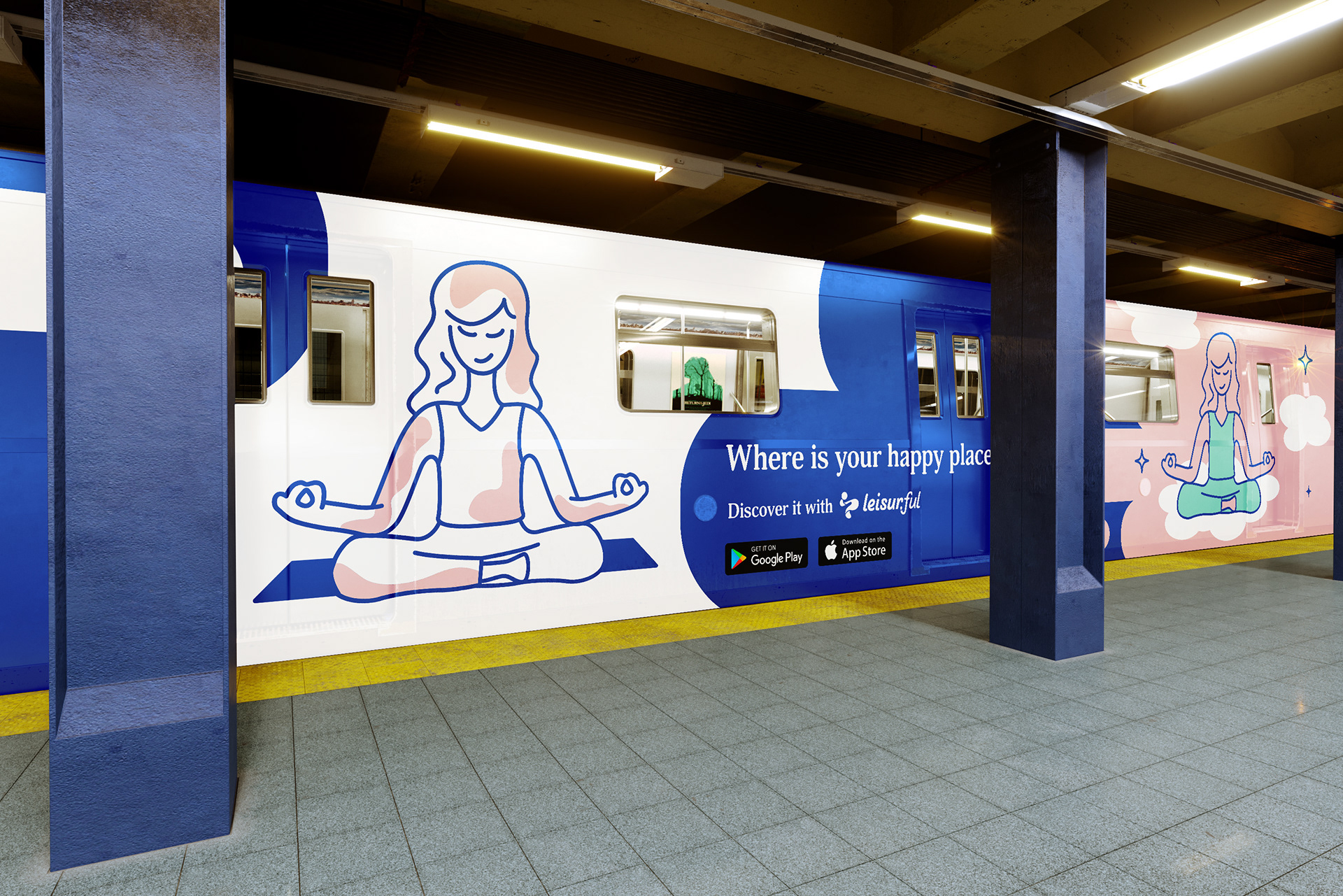 Subway train wrap concept for Leisurful featuring bold brand colors and campaign visuals to reach urban commuters