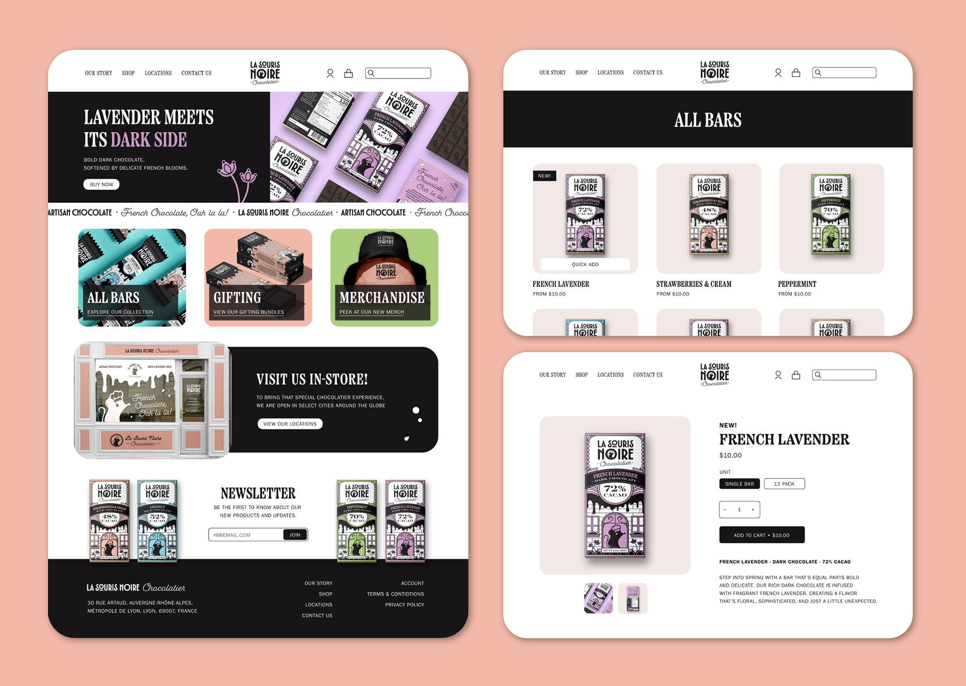 Desktop e-commerce website mockup design for artisan chocolate brand – homepage, product grid, and product page layouts