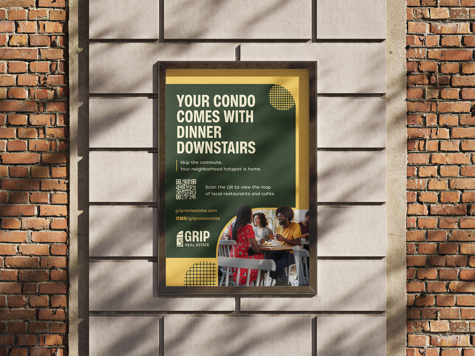 Outdoor poster advertisement depicting amenities of Grip condos