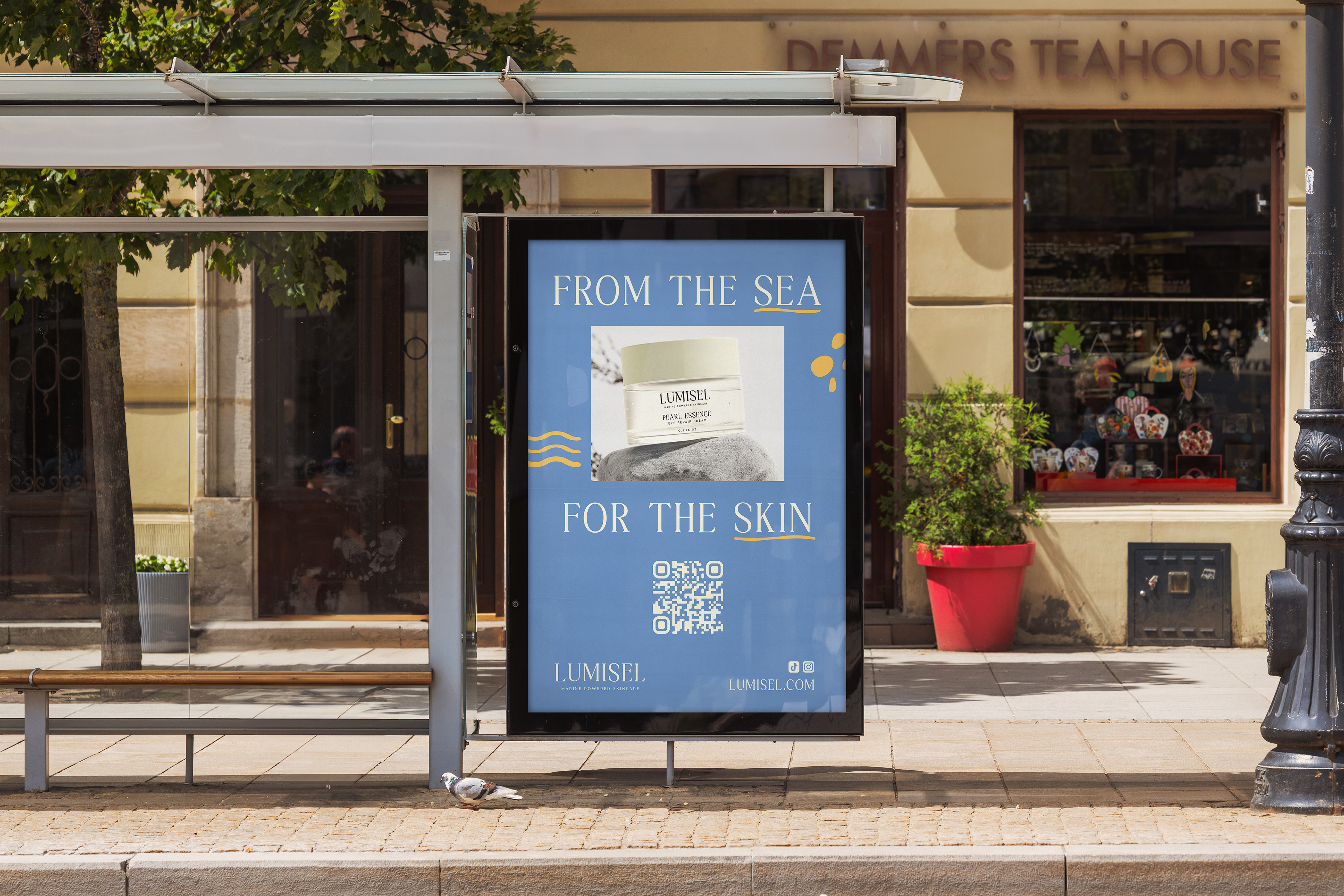 Bus Shelter ad in the city in front of a teahouse