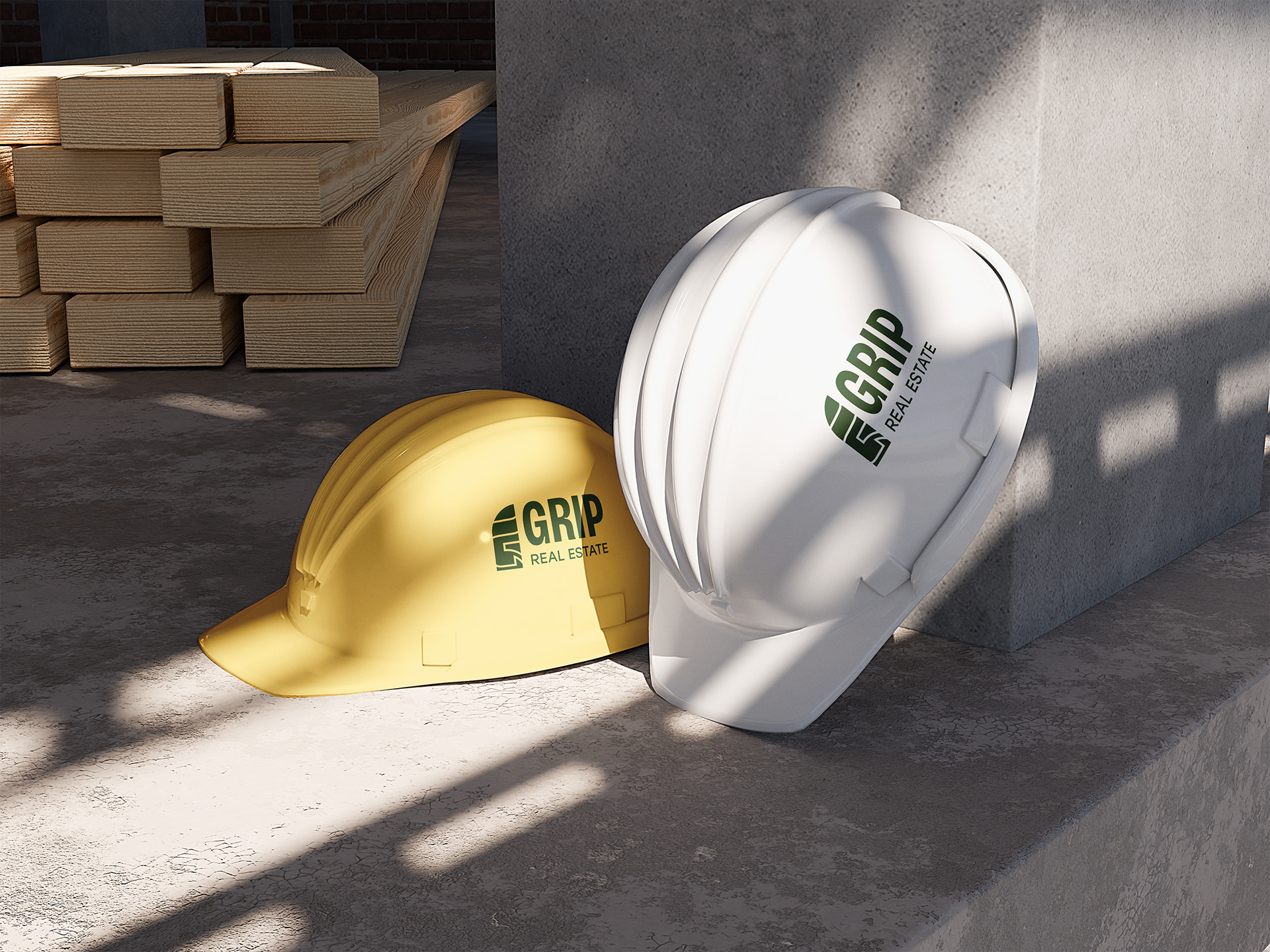Logo depicted on hard-hats for construction workers