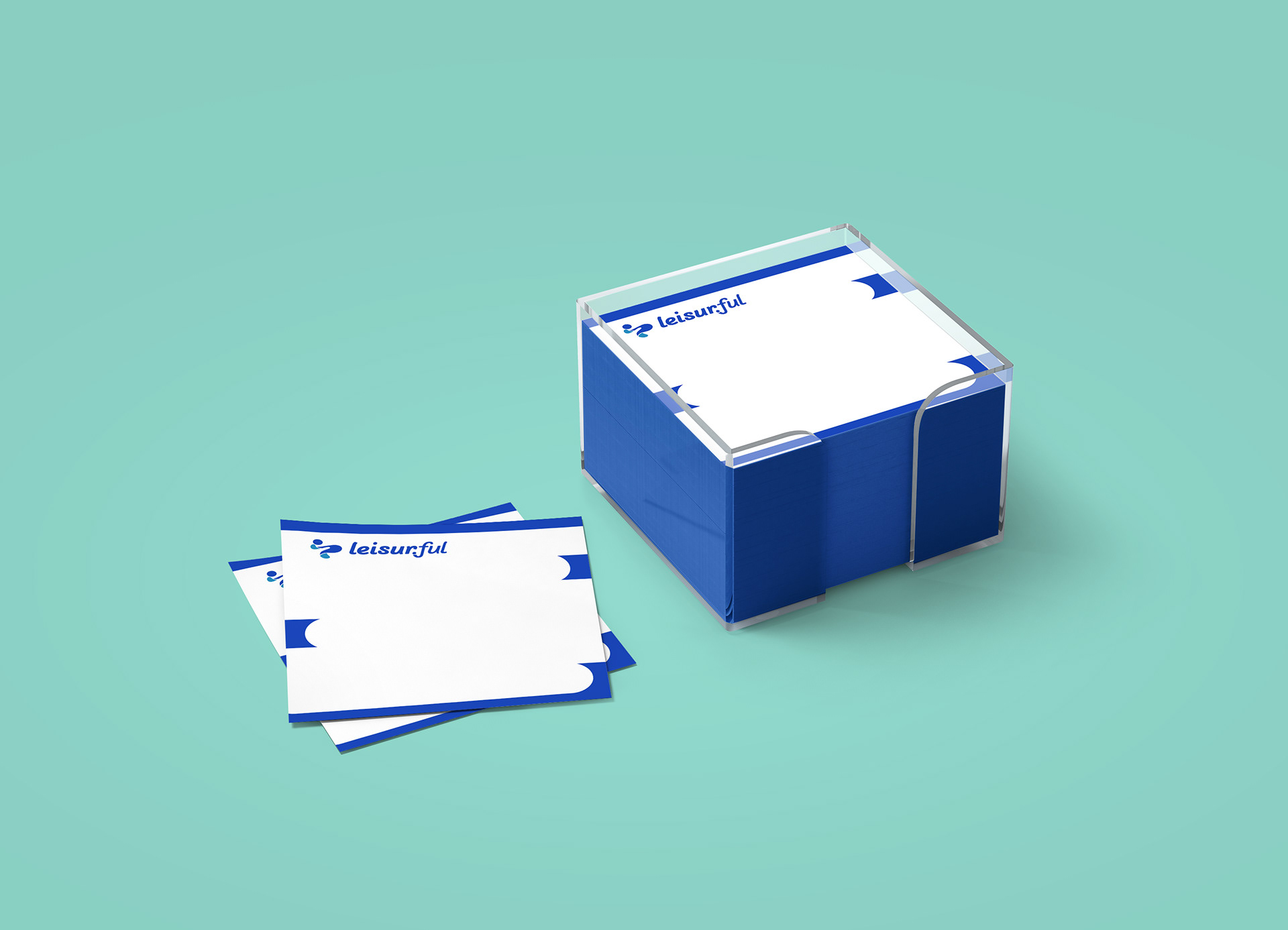 Branded Leisurful post-it note design using visual identity elements and color palette