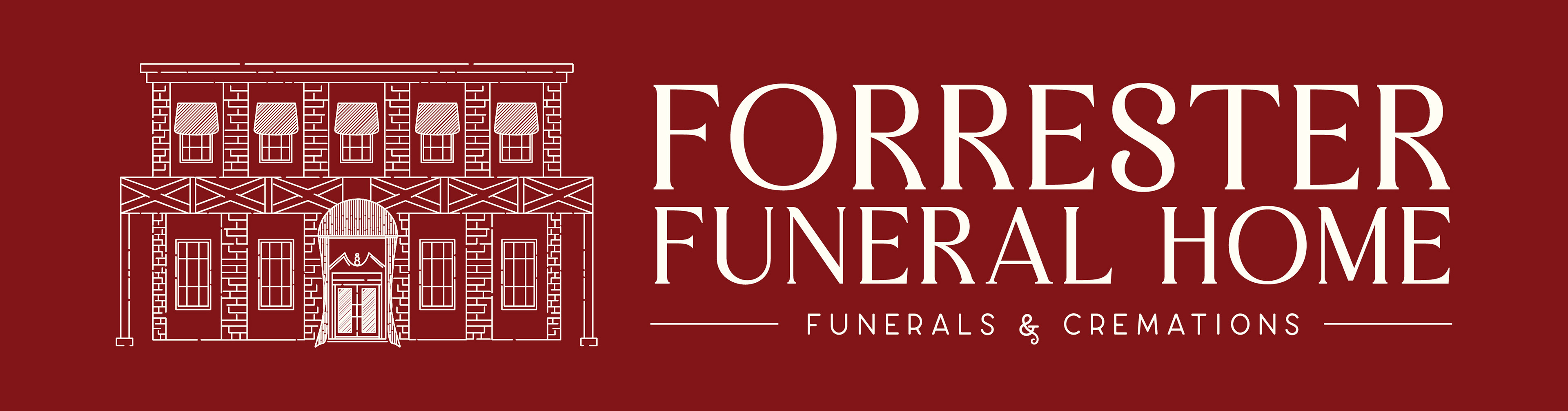 Horizontal Forrester Funeral Home Logo White on Red Background