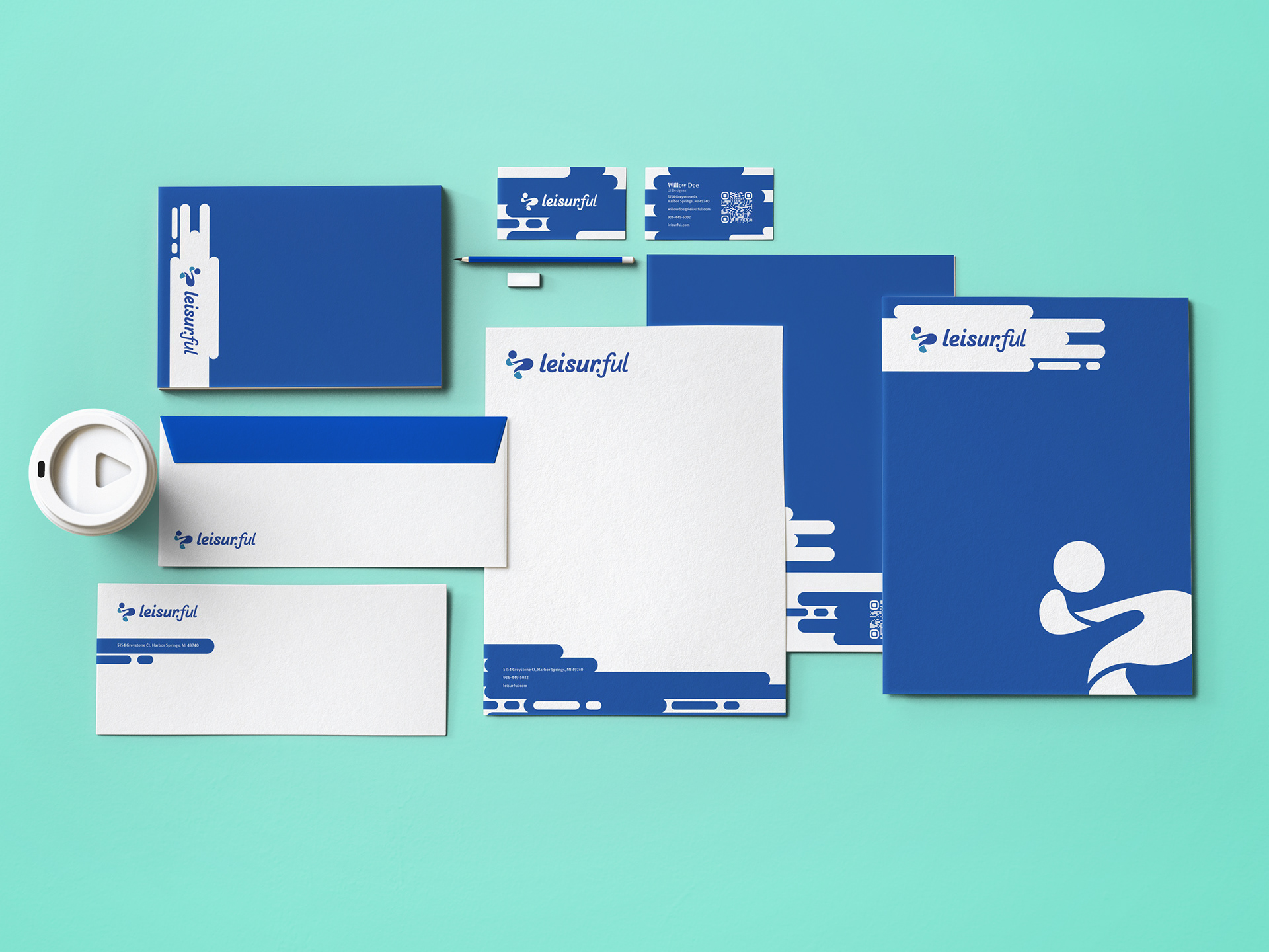 Leisurful branded stationery items including business card, folder design, and letterhead demonstrating cohesive identity across print materials