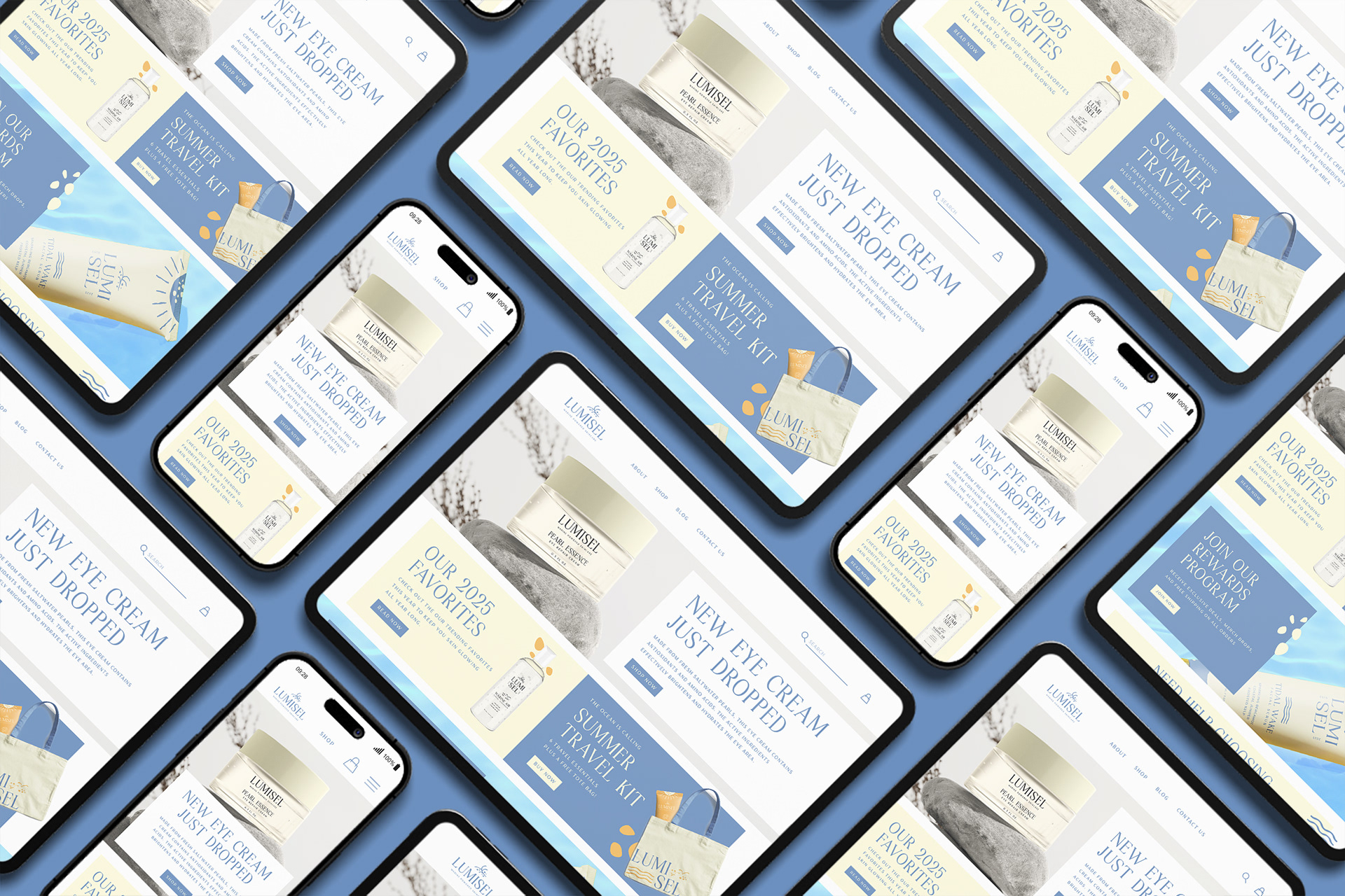 Lumisel website UI mockup on mobile and tablet screens showing ocean-inspired interface, clean product listing and product mockups