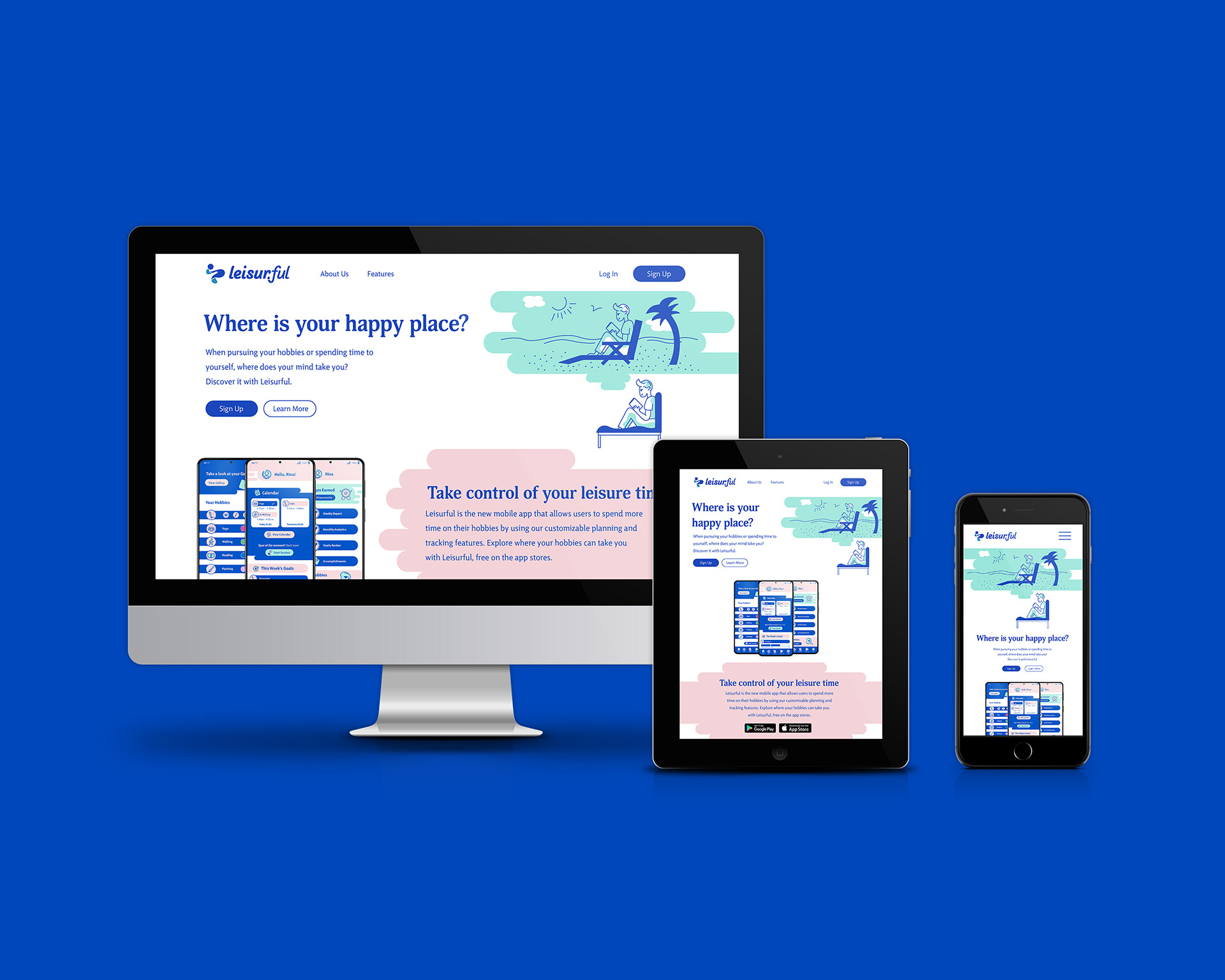 Responsive web design mockup for Leisurful leisure planning app, featuring custom illustrations, brand color palette, and modern UI