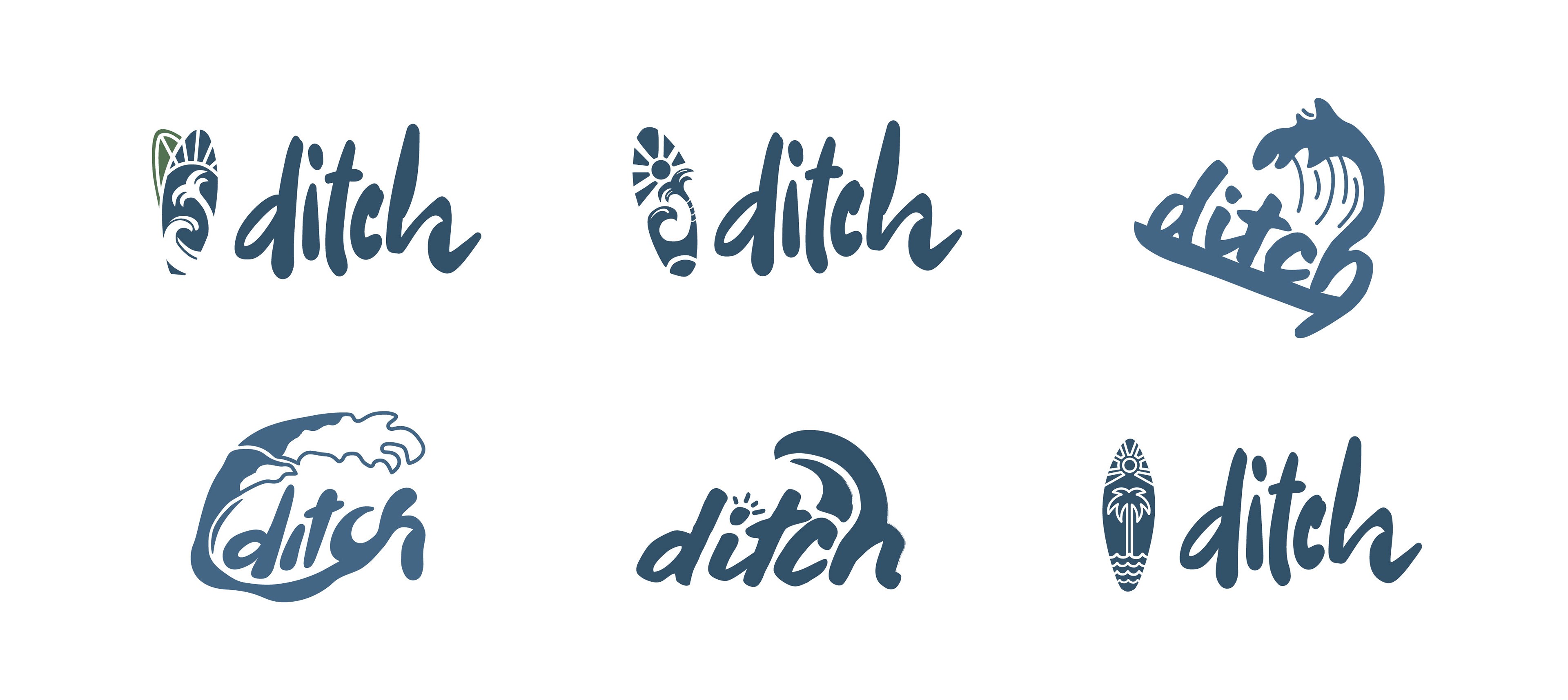 Several Digital logo concepts, depicting different surfboard and wave illustrations