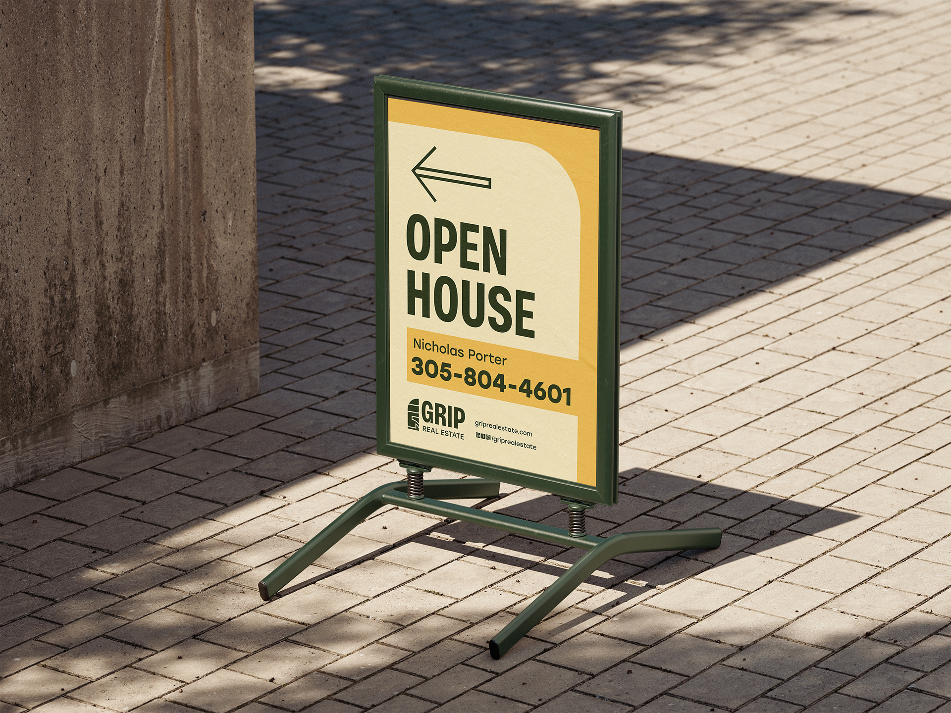 Open house a-frame design showing branding in realistic setting