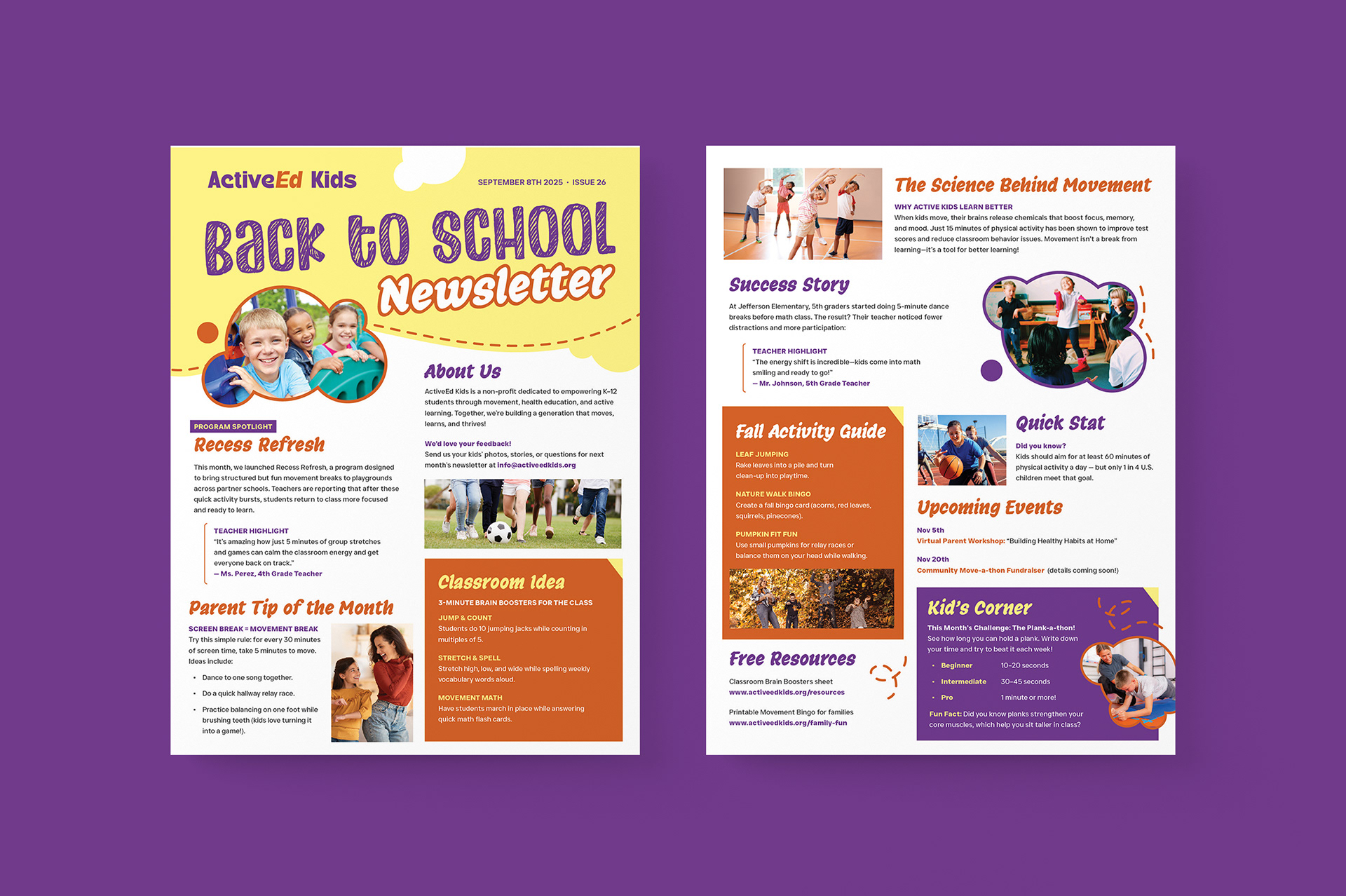 Two-page newsletter design for Back to School for ActiveEd Kids