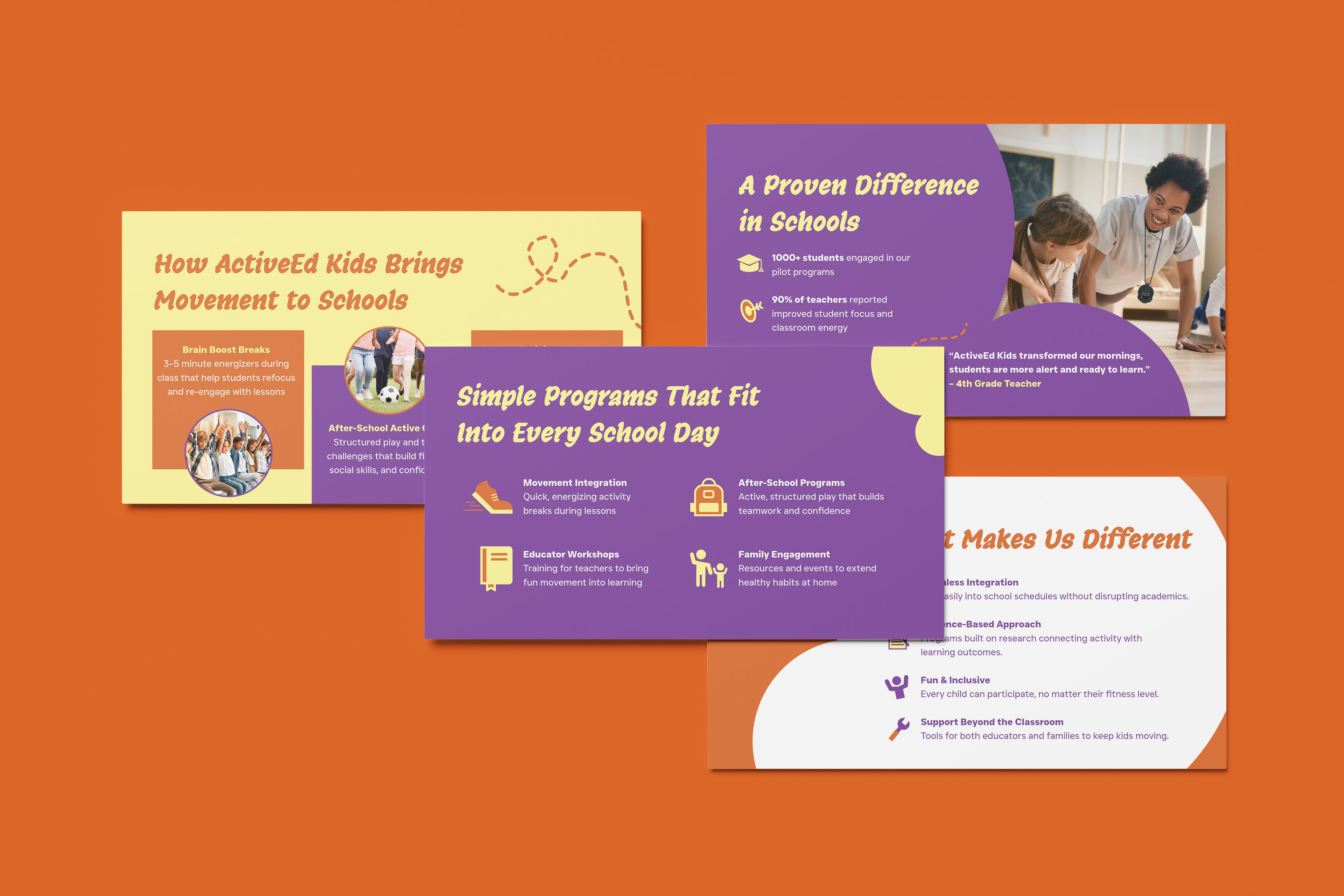 Slides 5-8 for presentation deck design for ActiveEd Kids