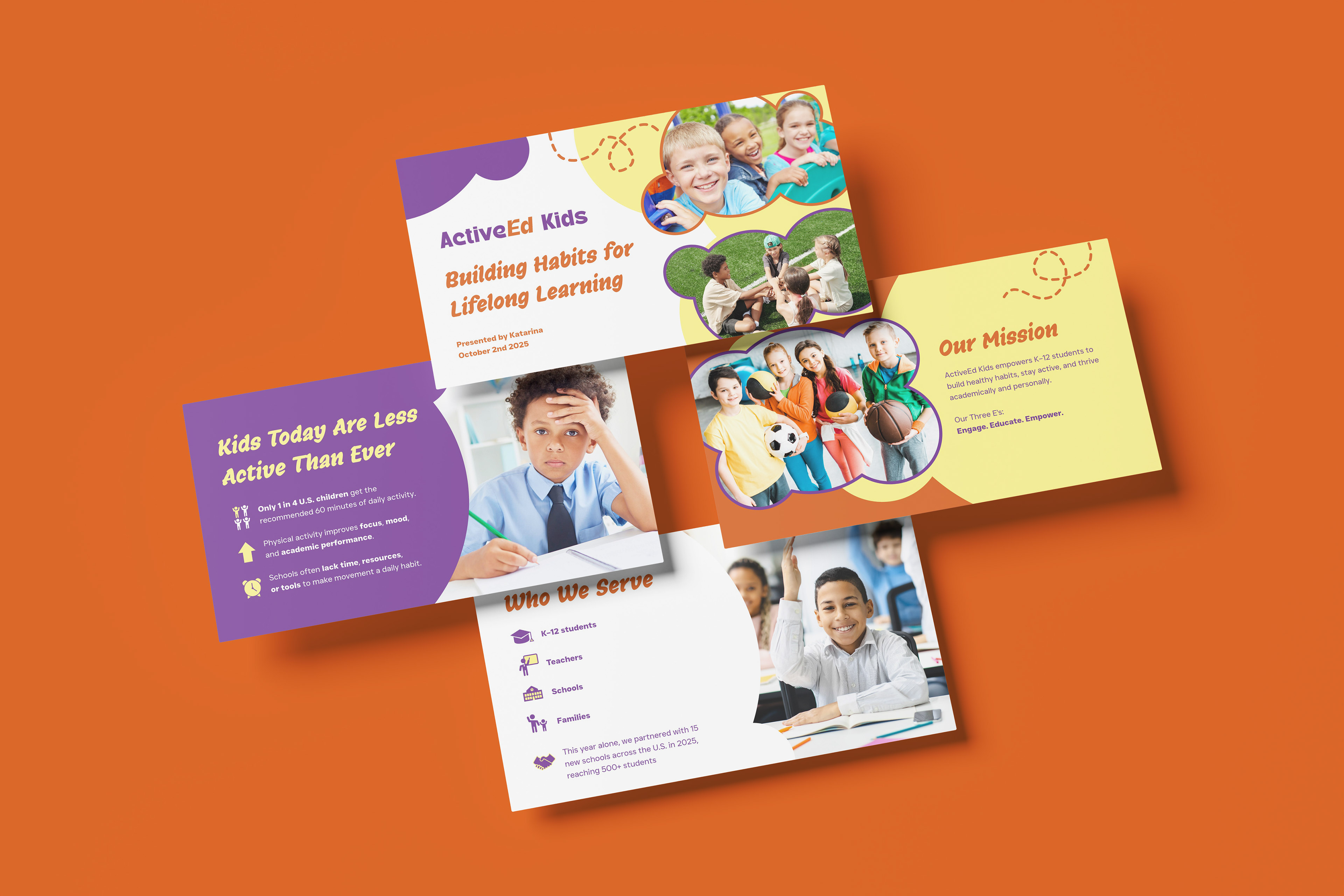 First four slides of presentation deck design for ActiveEd Kids