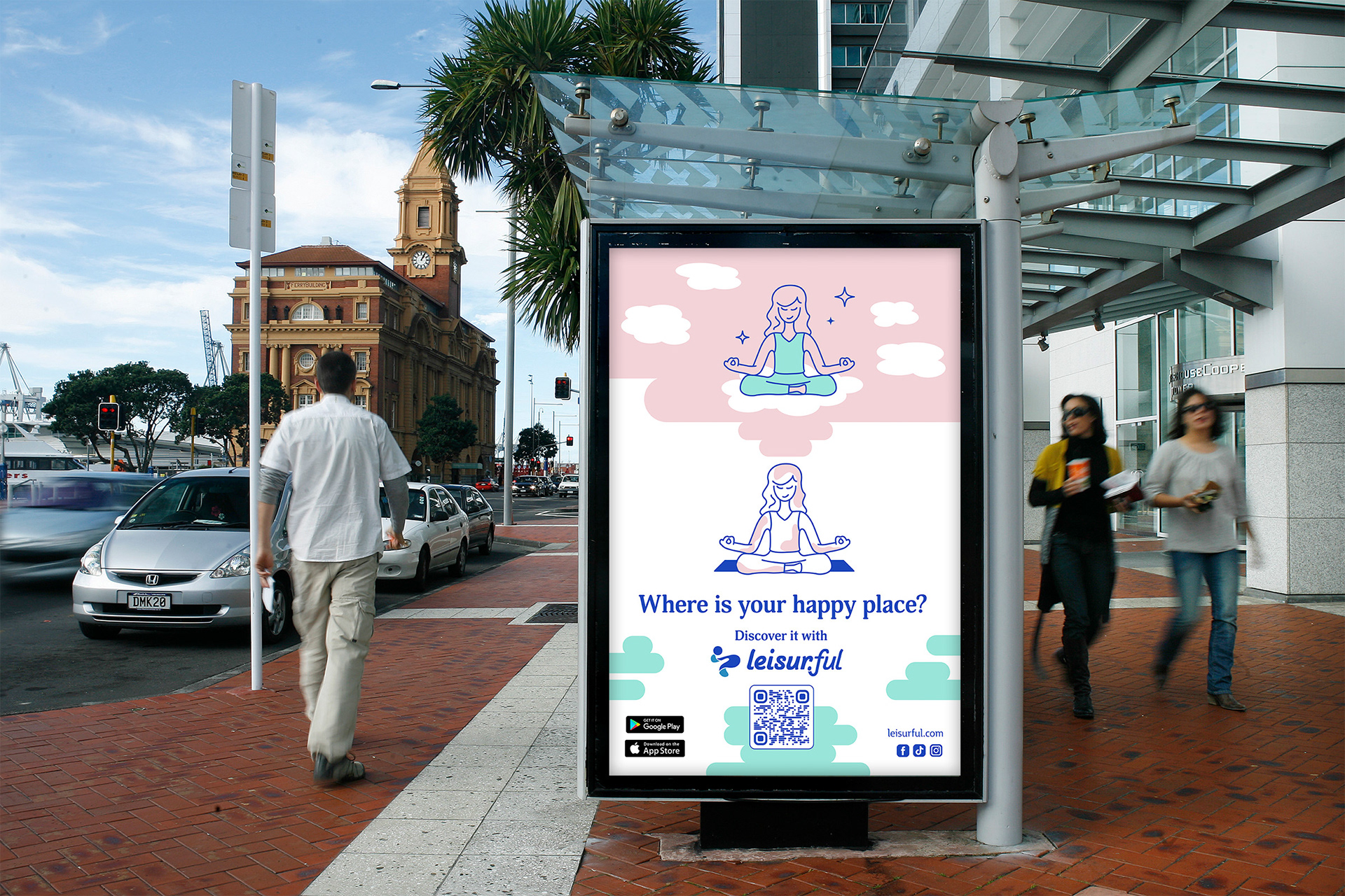 Bus shelter marketing concept for Leisurful, highlighting app branding with hobby illustrations and tagline to engage outdoor audiences
