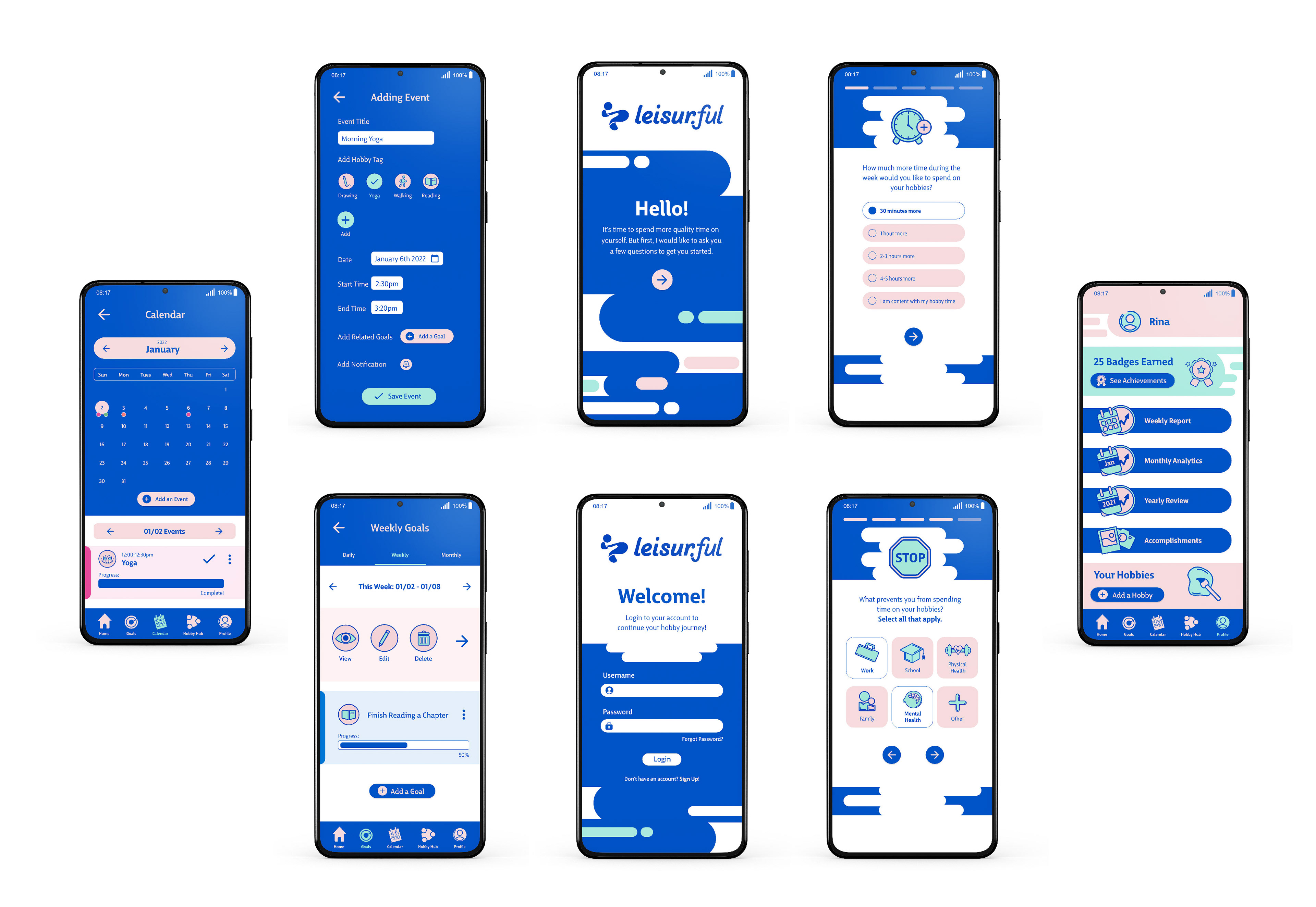 Eight mobile app interface screens showing tracking, goals, and hobby exploration features in brand style