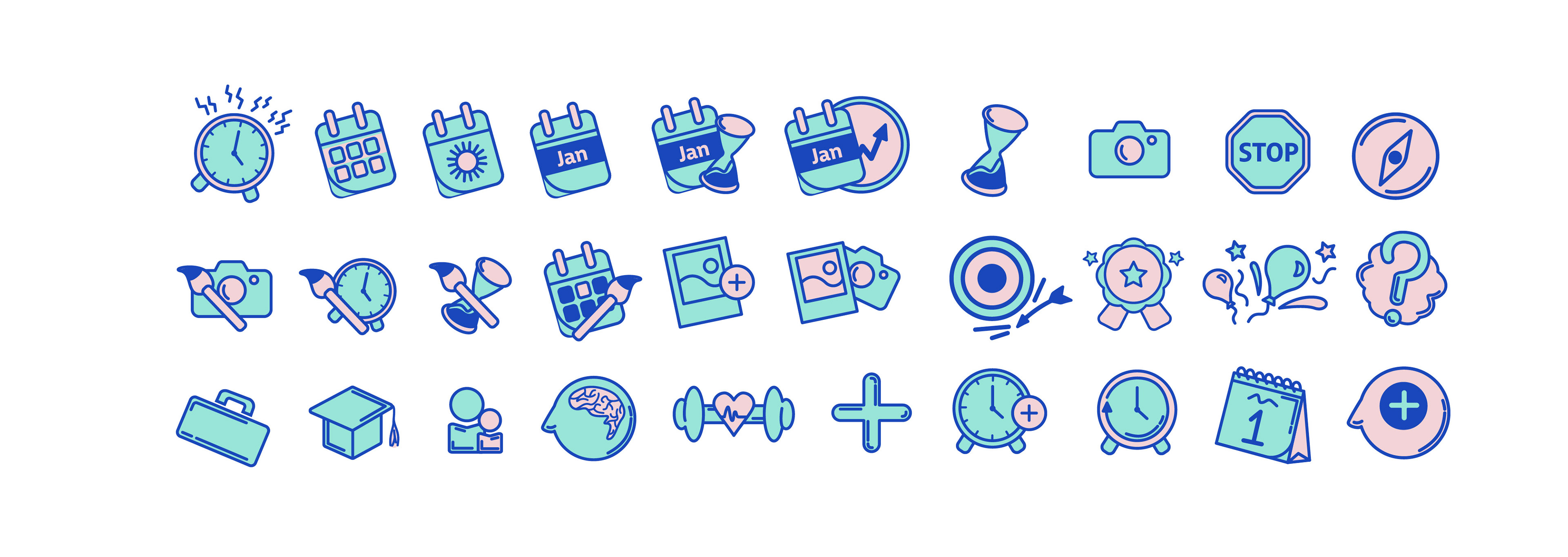 Consistent custom icon designs in rounded stroke style representing different app sections like goals, reminders, and activities