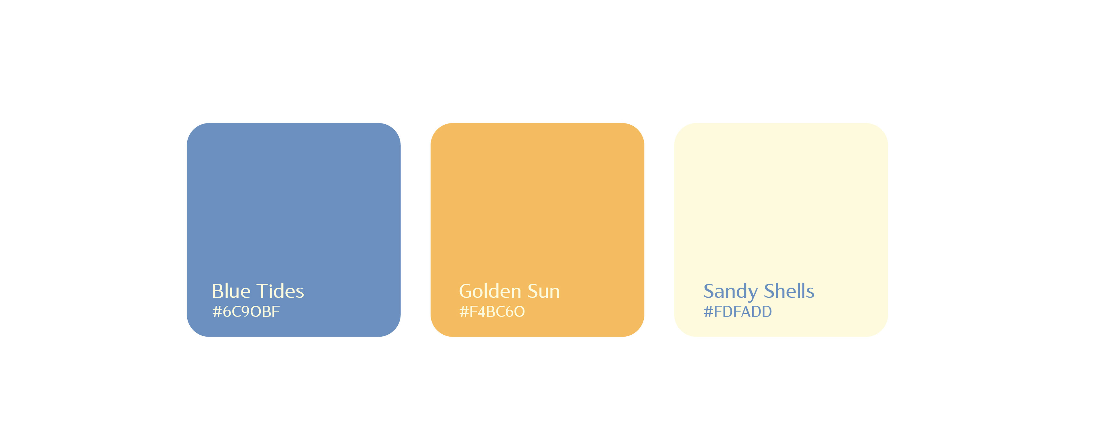 Color palette of the brand, blue tides, golden sun yellow and sandy shells neutral
