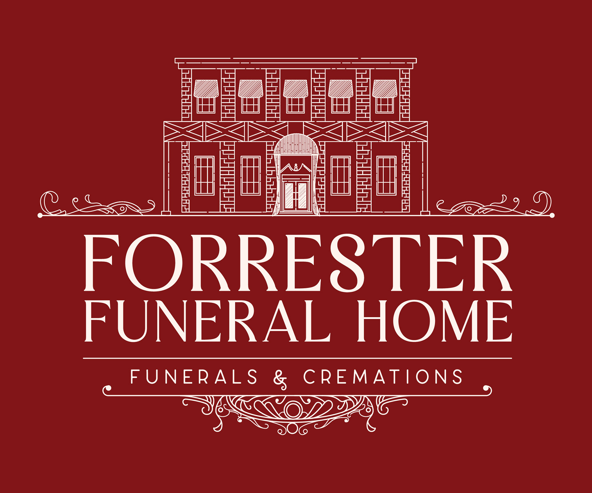 Forrester Funeral Home Logo White on Red Background