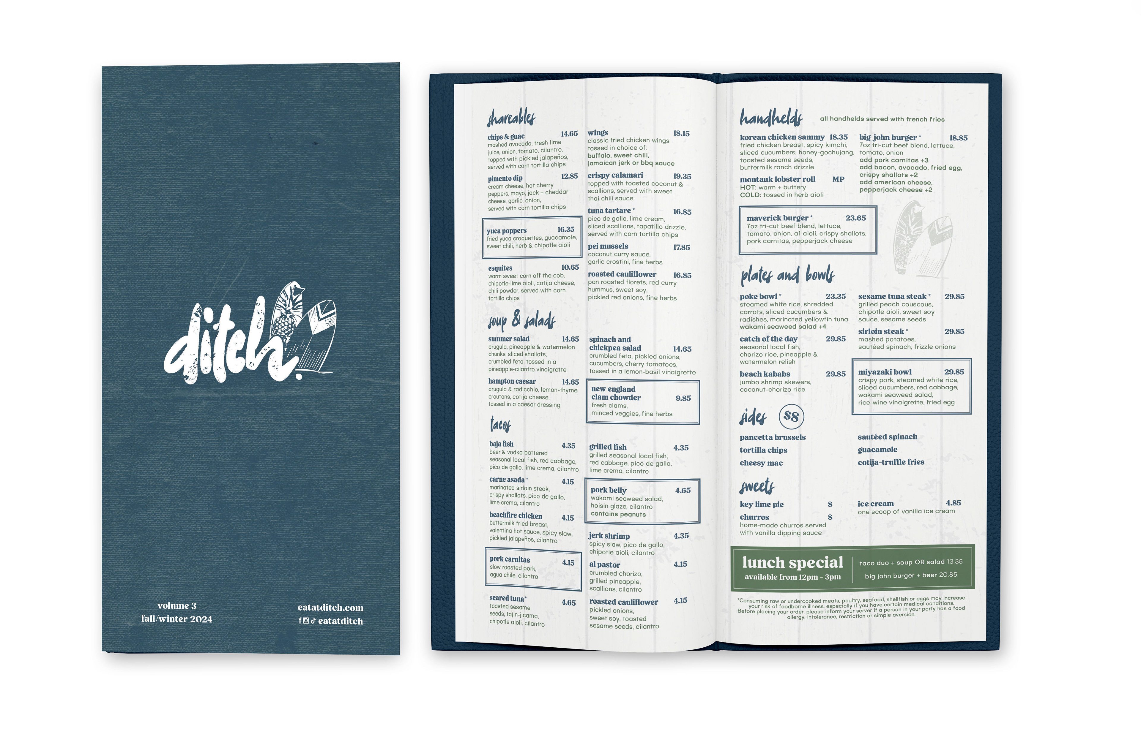 Mockup of Front Cover and Main Spread of the Ditch Menu