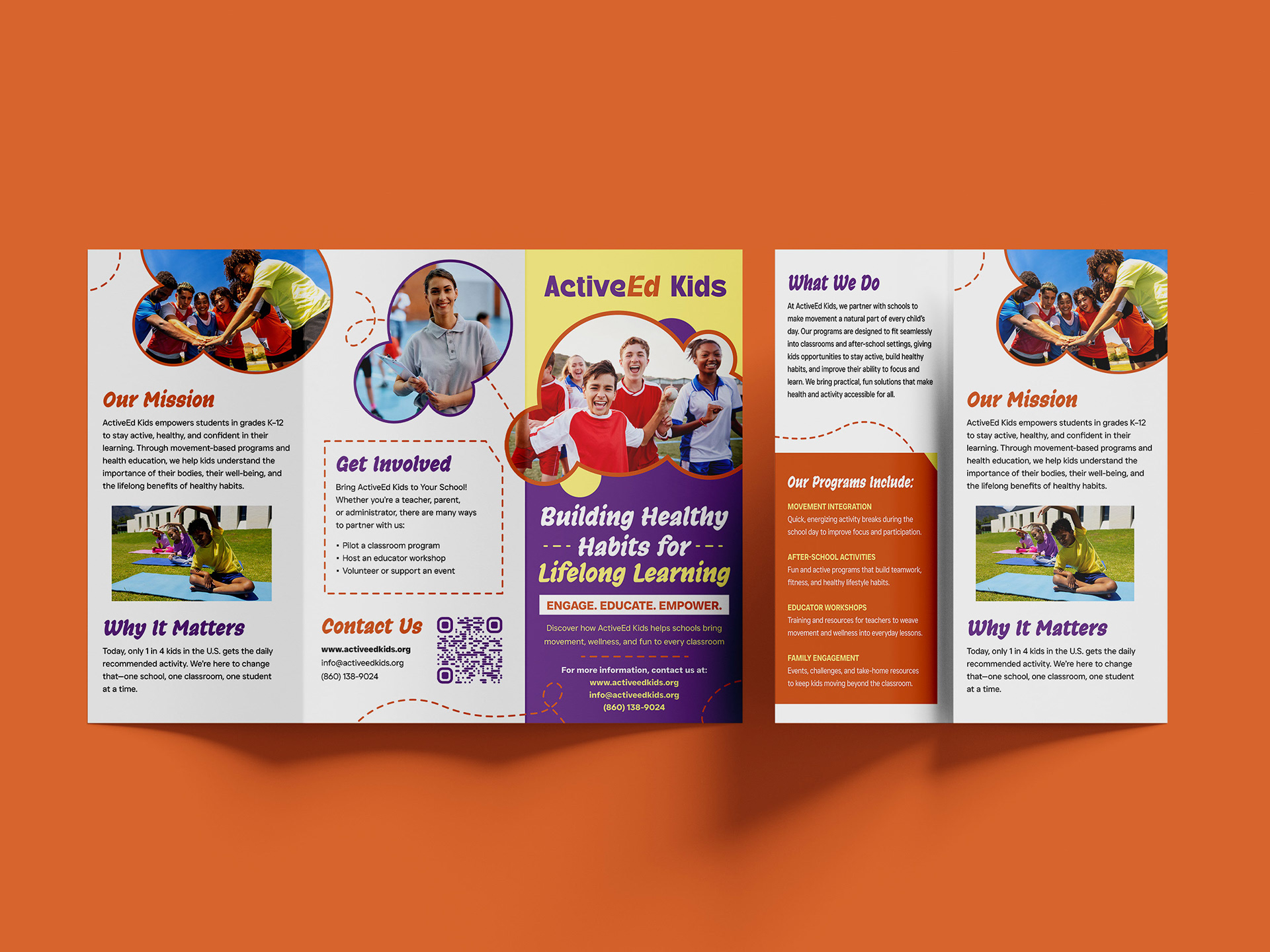 Outside design of tri-fold brochure for Active Ed Kids for general brand awareness
