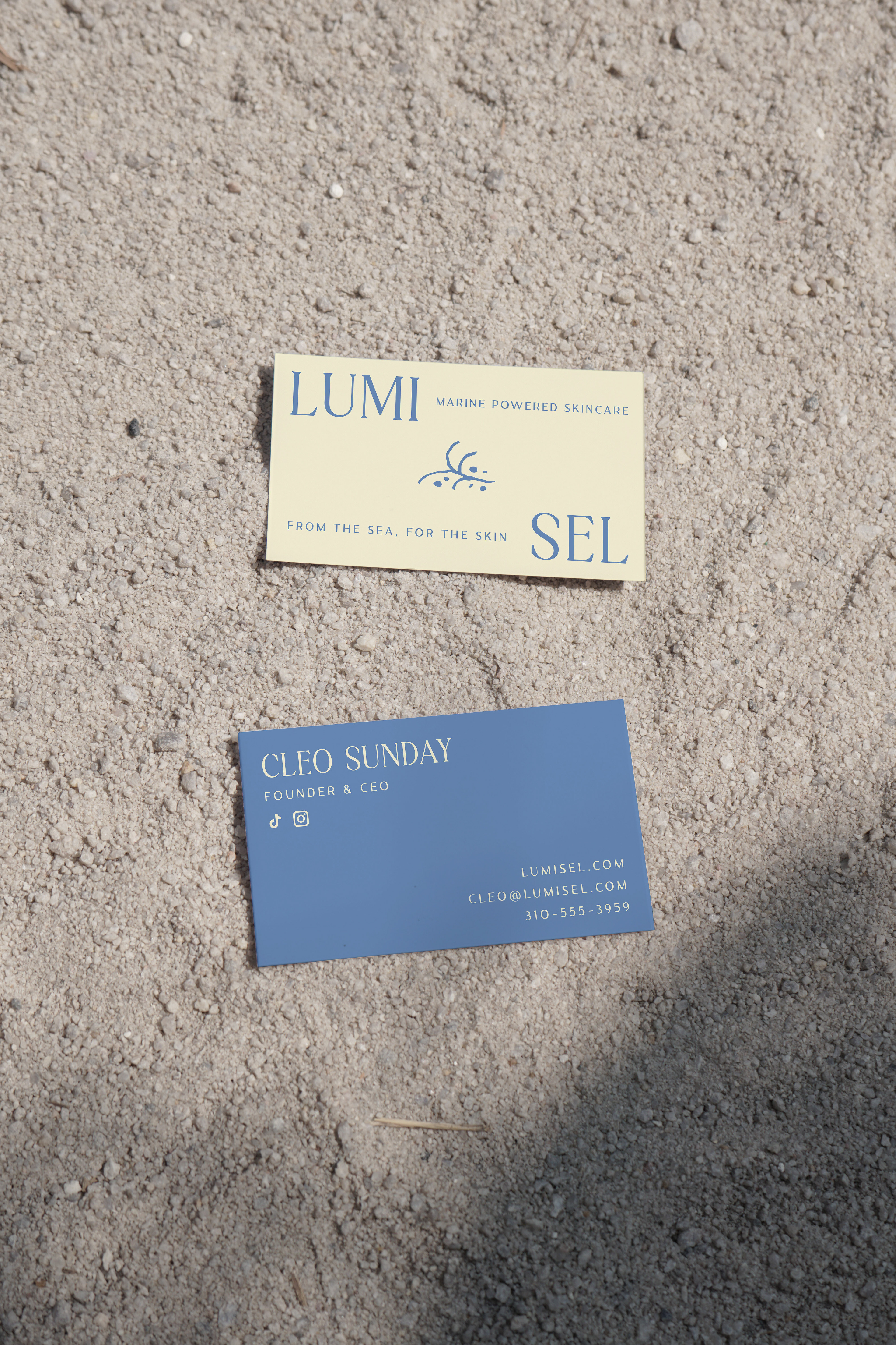 Business card design against sandy background