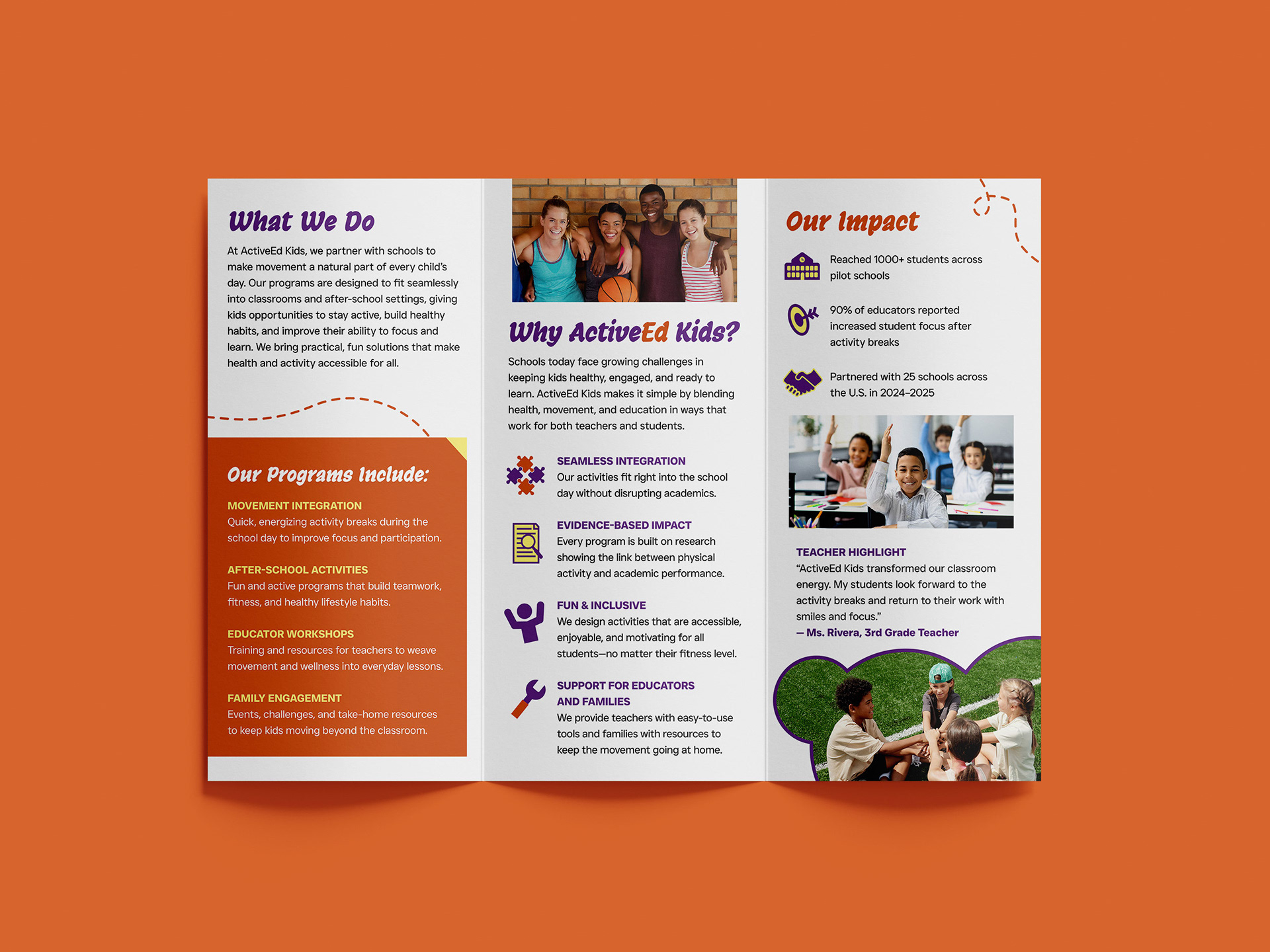 Inside layout of Tri-fold brochure for ActiveEd Kids for general brand awareness