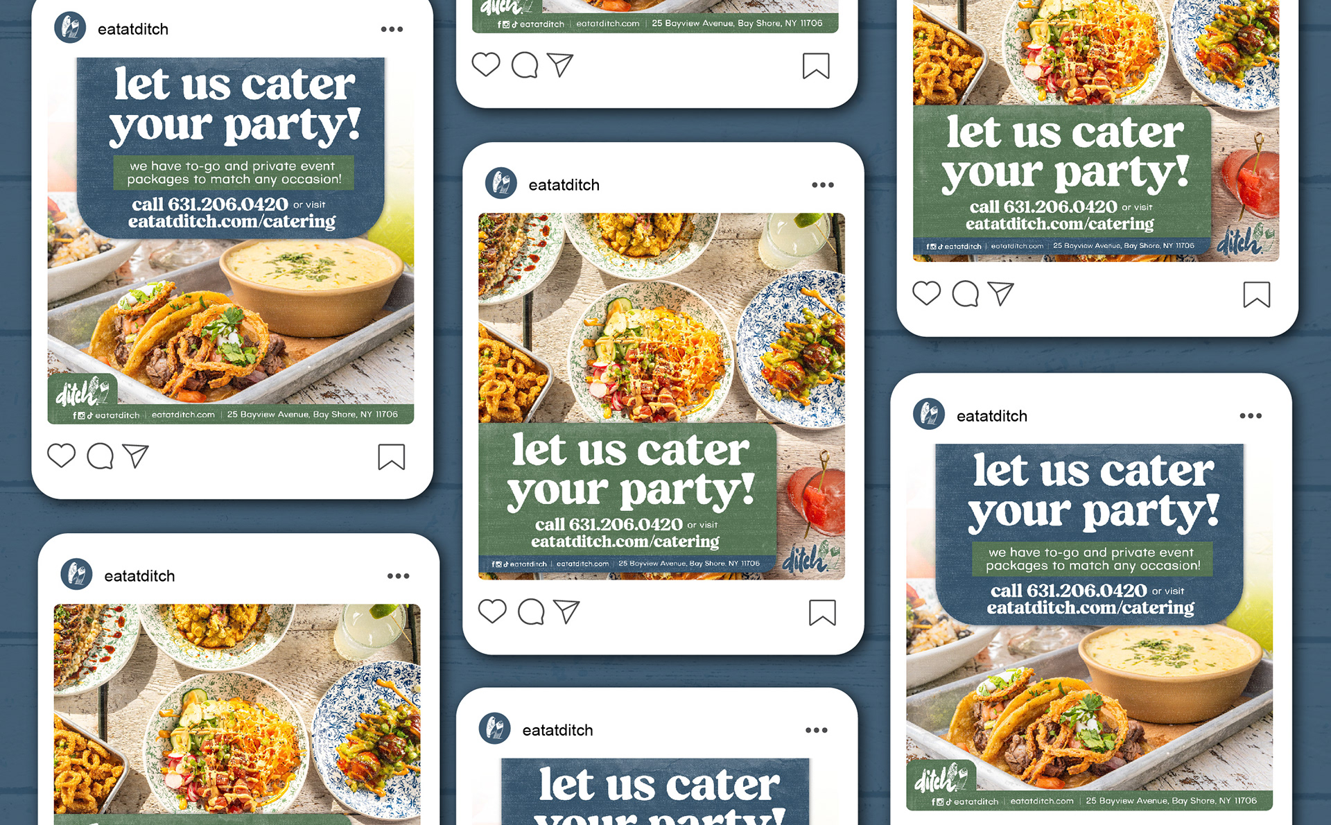 two types of social media posts for catering mocked up on a blue background