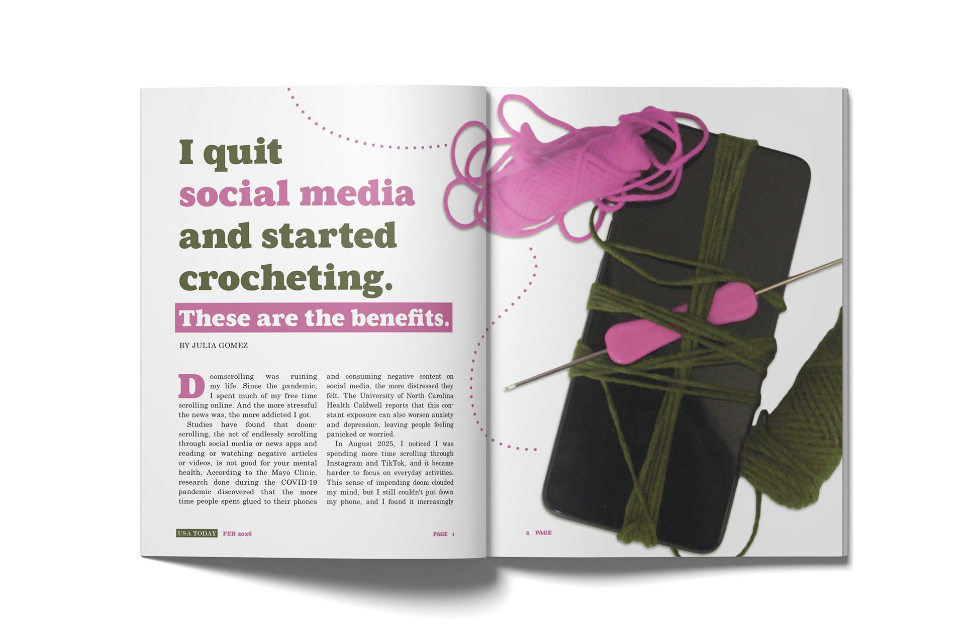 Frist spread of the magazine spread layout featuring an article about crocheting with big title and image