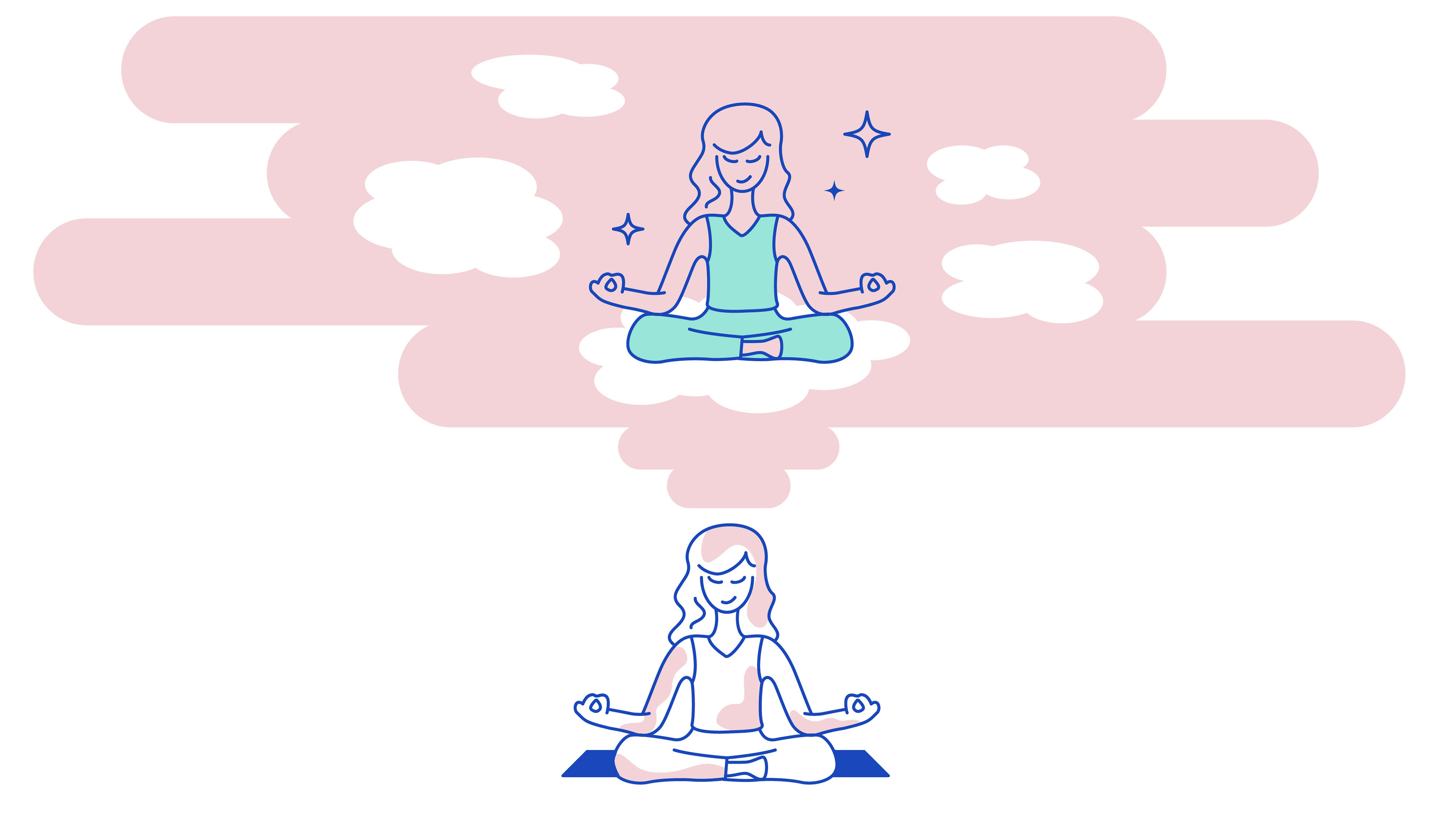 Whimsical illustration of a woman meditating, imagining herself floating on clouds in a peaceful dream state, designed for Leisurful app branding