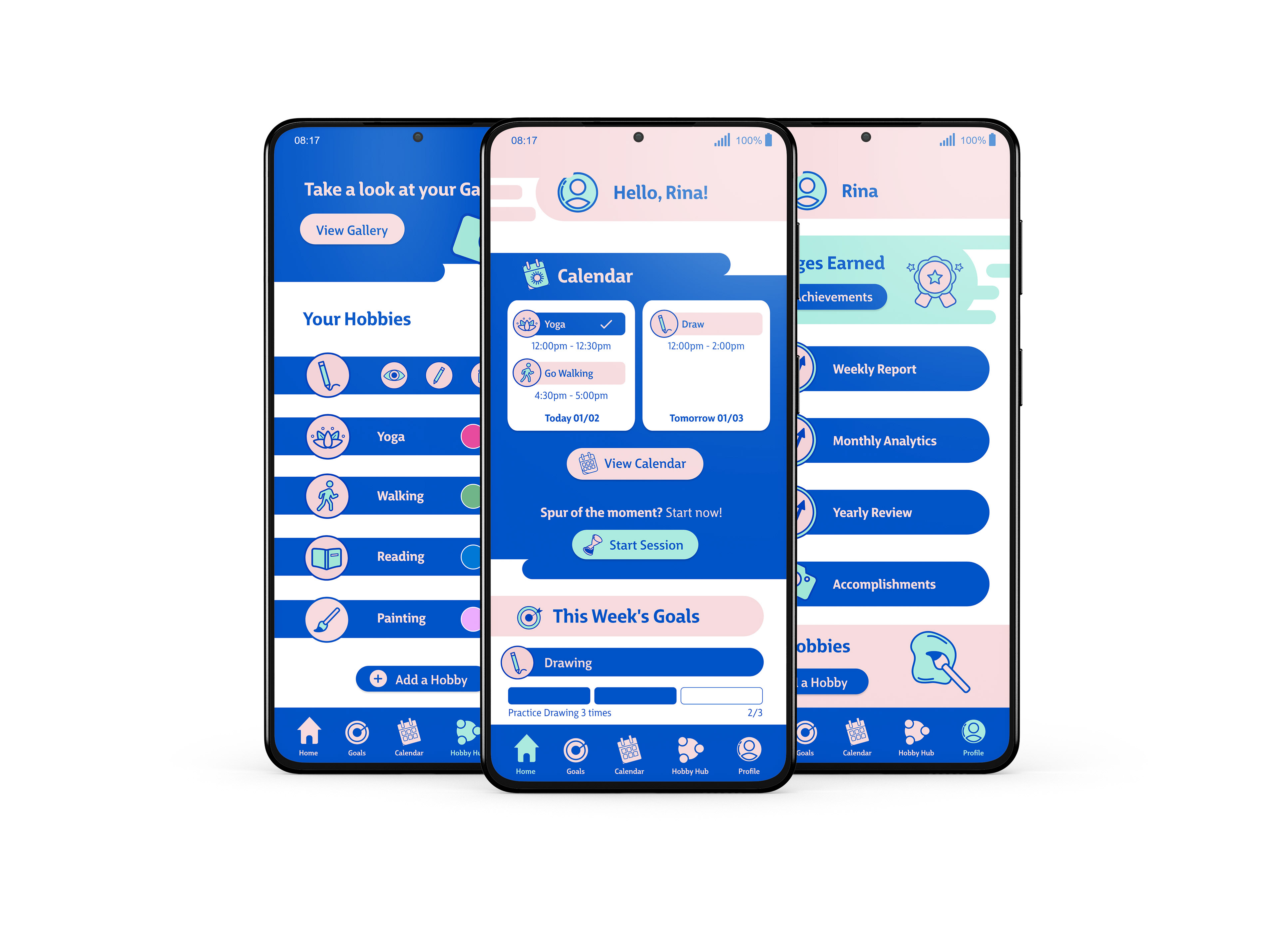 Three mobile app interface screens showing tracking, goals, and hobby exploration features in brand style